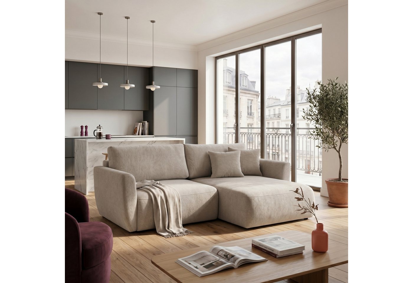 Muffo Ecksofa Bella mit Schlaffunktion Easy-Clean, mit Schlaffunktion und Bettkasten 230x165 cm, mit Armlehnen und Stauraum