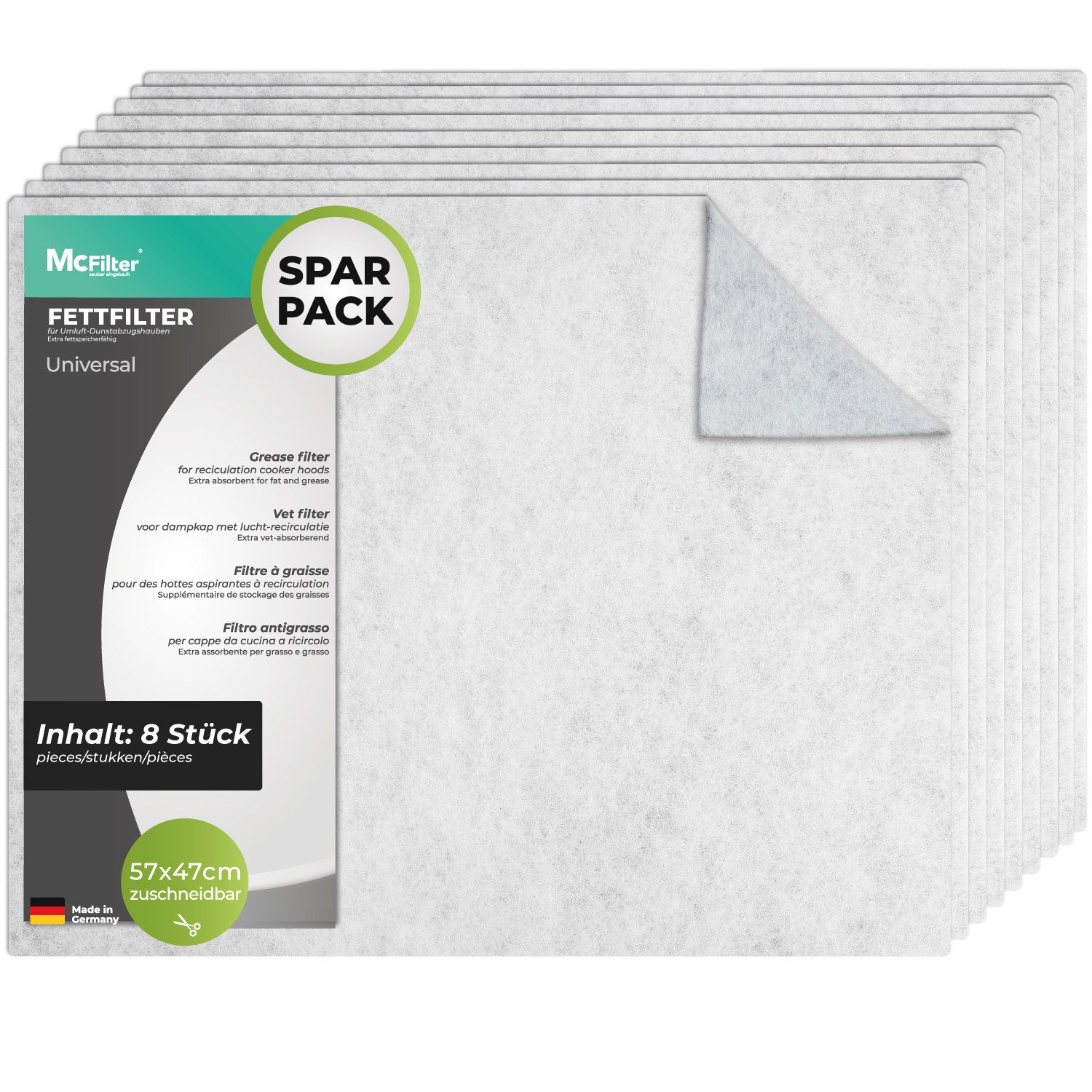 McFilter Fettfilter (8 Stück) Universal Dunstfilter Filter 57 x 47cm, Zubehör für alle handelsüblichen Dunstabzugshauben, extra speicherfähig, zuschneidbar, Schwer entflammbar nach DIN 53438