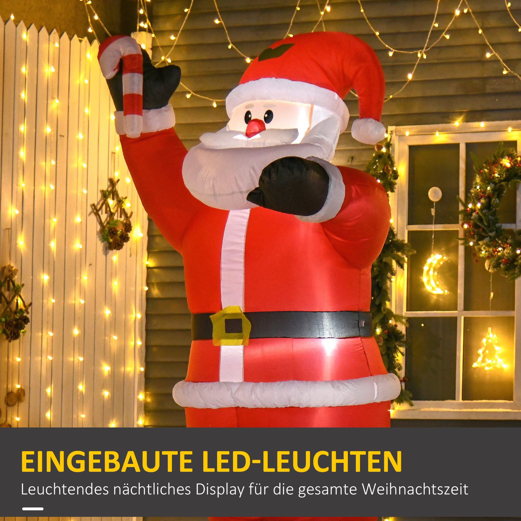 HOMCOM Weihnachtsfigur Aufblasbar Weihnachtsdeko, Weihnachtsmann,Zuckerstange,Gartendeko (LED-Leuchten, 1 St., Erdspieße), Seile, Polyester, Rot – Bild 4 von 5