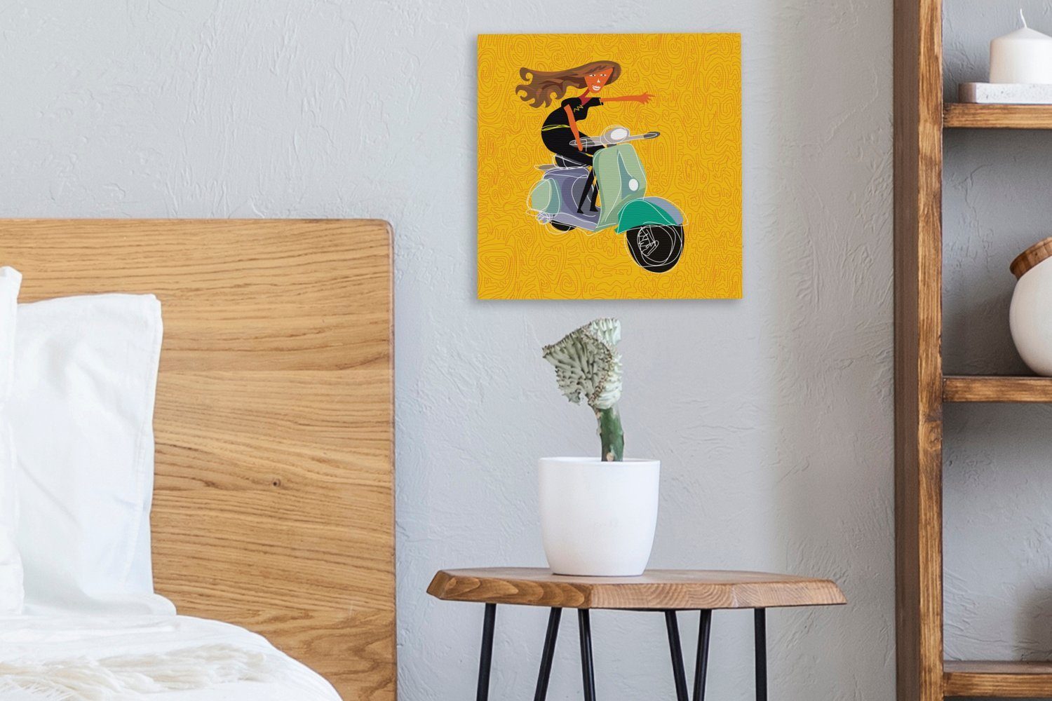 gelbem Illustration Vespa Leinwandbild mit einer Bilder Leinwand einer (1 St), Schlafzimmer Frau Hintergrund, Wohnzimmer für auf OneMillionCanvasses®