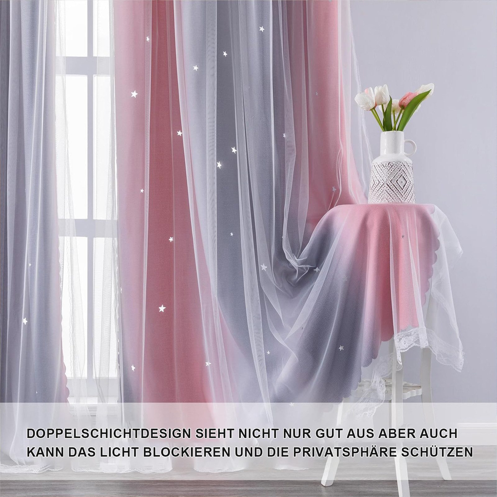 Zyronn Verdunkelungsvorhang 2er Set Curtains Farbverlauf Vorhänge Tüllvorhänge Set – Bild 4 von 5