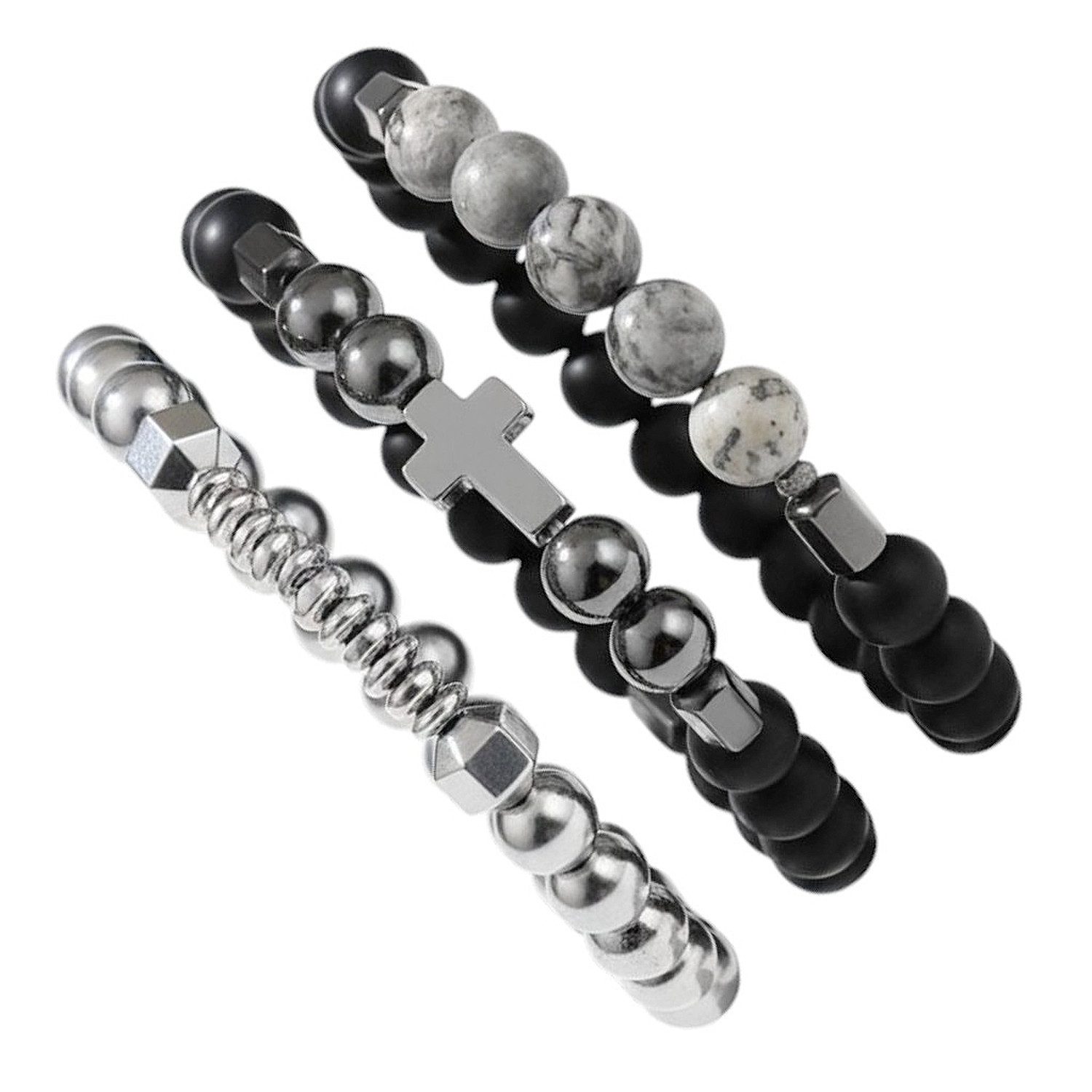 KARMA Armband Set Schwarz Silber Herren Edelstahl Lavaperlen (Perlenarmband Set, 3-tlg., Geschenk für ihn Steinarmband), dehnbar modern Armband