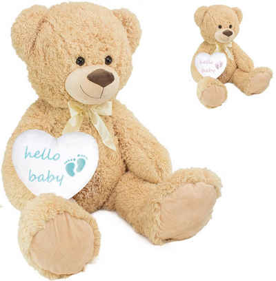 BRUBAKER Kuscheltier XXL Teddybär Beige 100 cm mit Hello Baby Herz (Stofftier Plüschtier mit Schleife, 1-St), Kuscheltier Geschenk für Geburt, Babyparty, Gender Reveal