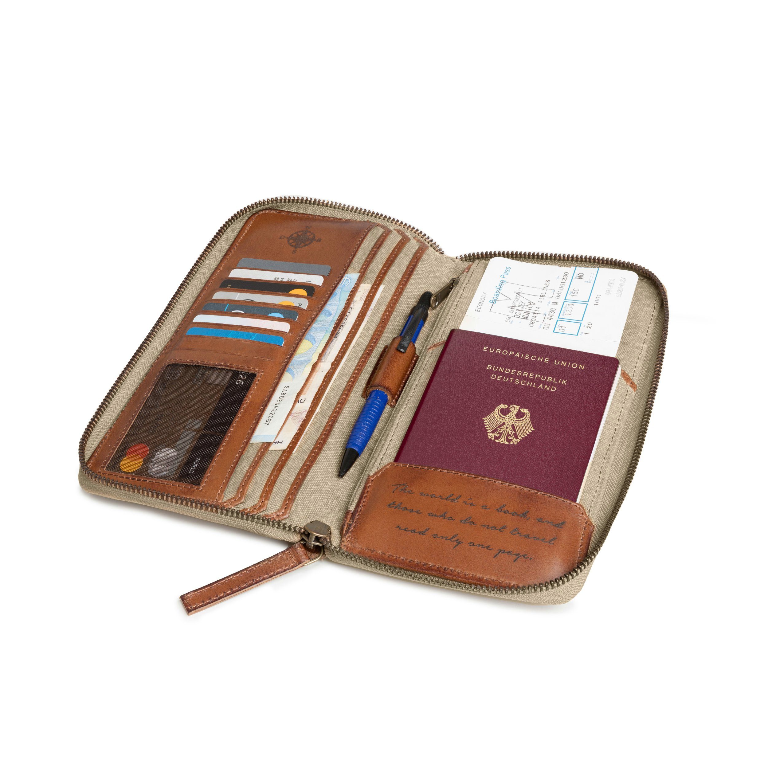 große DRAKENSBERG Brieftasche mit »Travis« Reisegeldbeutel Canvas RFID und aus Schutz Khaki-Beige, Reise-Organizer Reisebrieftasche