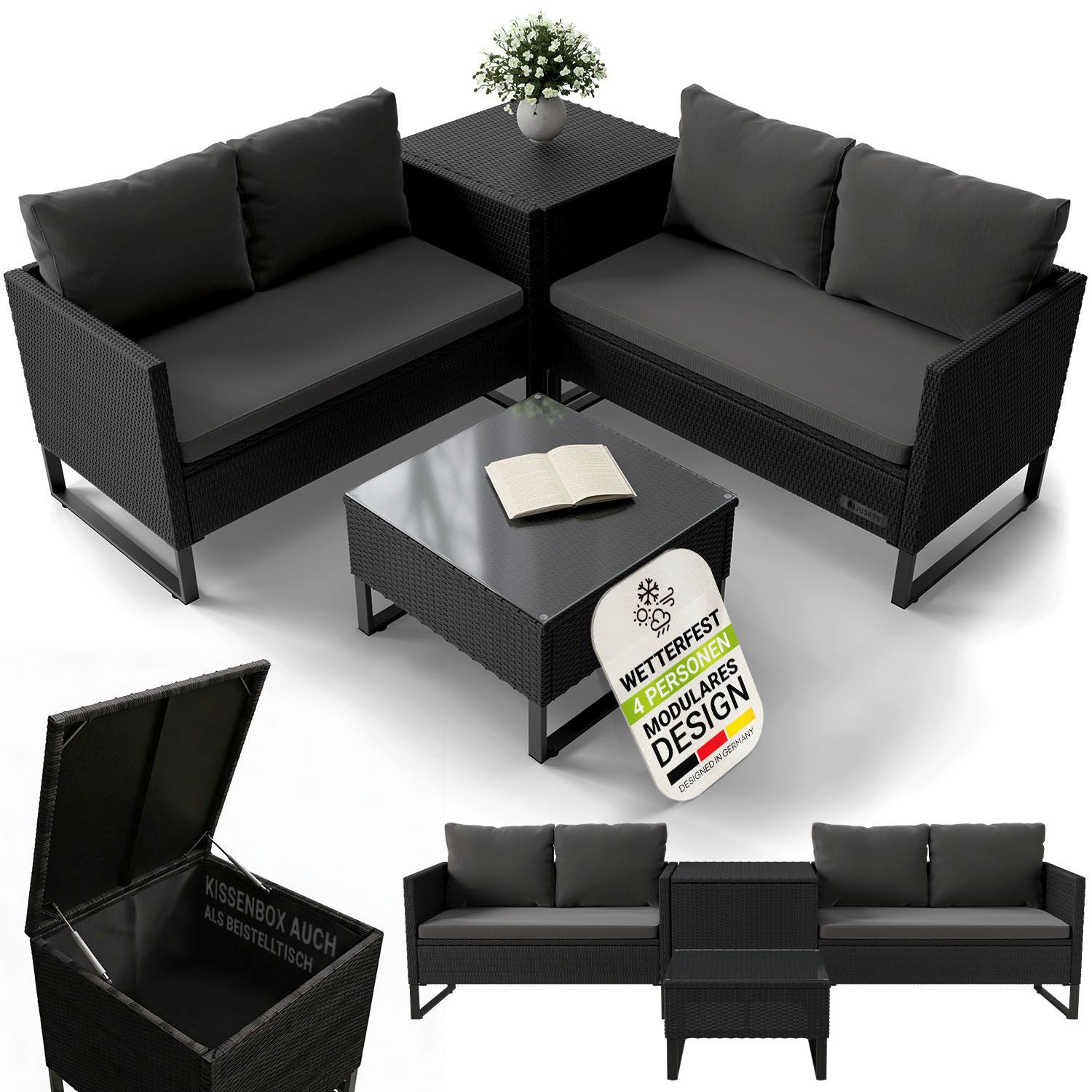 Juskys Gartenlounge-Set Santorini, (4-tlg), Polyrattan Sitzgruppe mit Beistelltisch & Auflagenbox, wetterfest