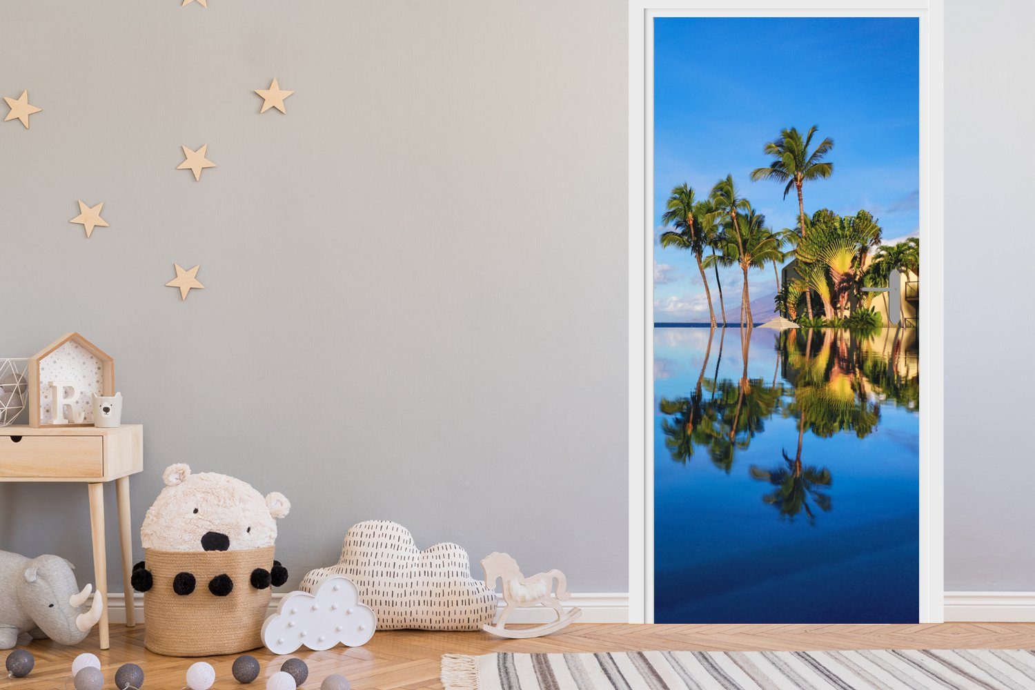in Hawaii Türtapete bedruckt, spiegeln Am sich (1 cm Tür, im MuchoWow Türaufkleber, Fototapete Beach für Wasser, die St), Palmen 75x205 Matt, Wailea