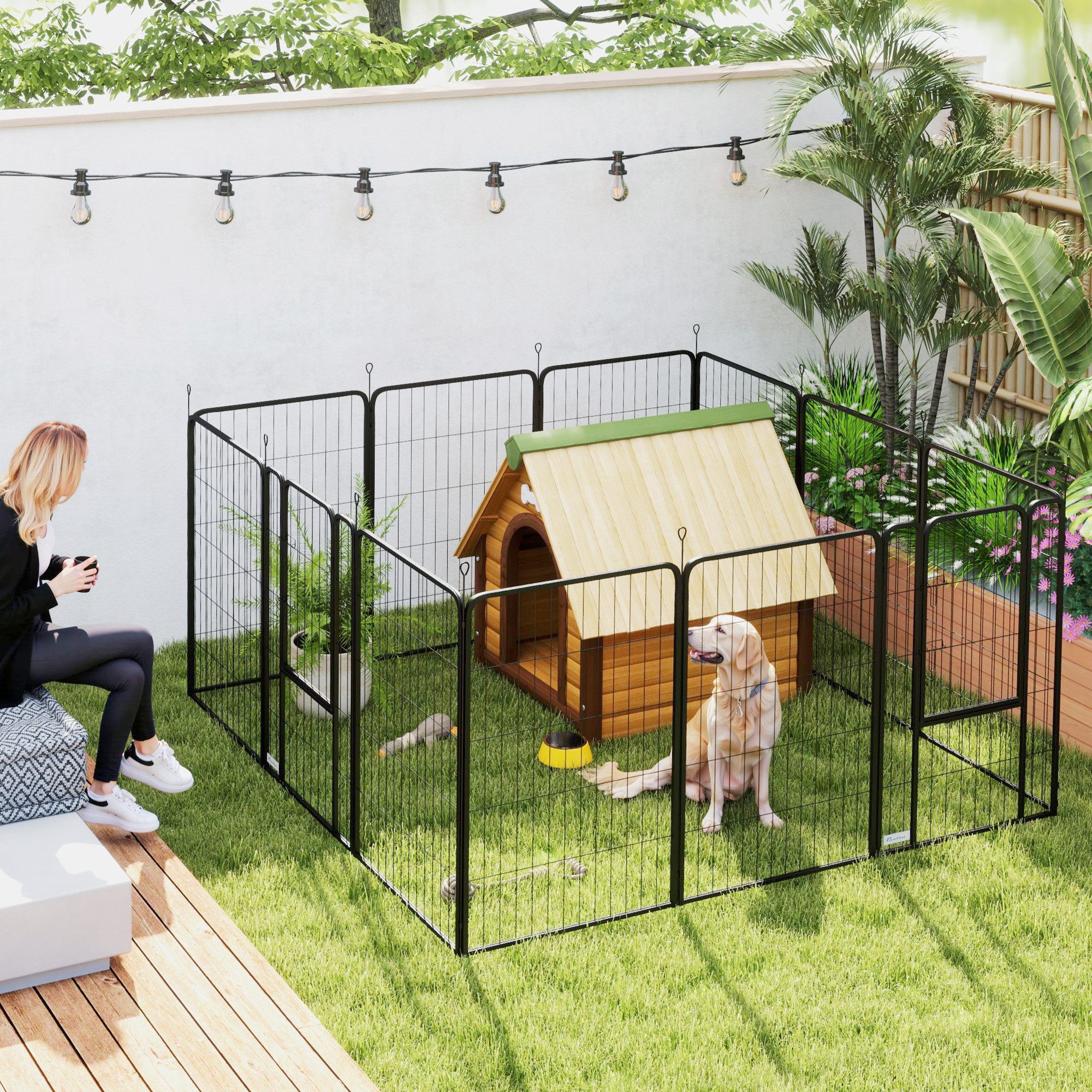 PawHut Freigehege 4-eckig, mit 12 Gitterplatten, Tür, flexibel, faltbar, 100cm hoch, drinnen, draußen, für Hund, Katze