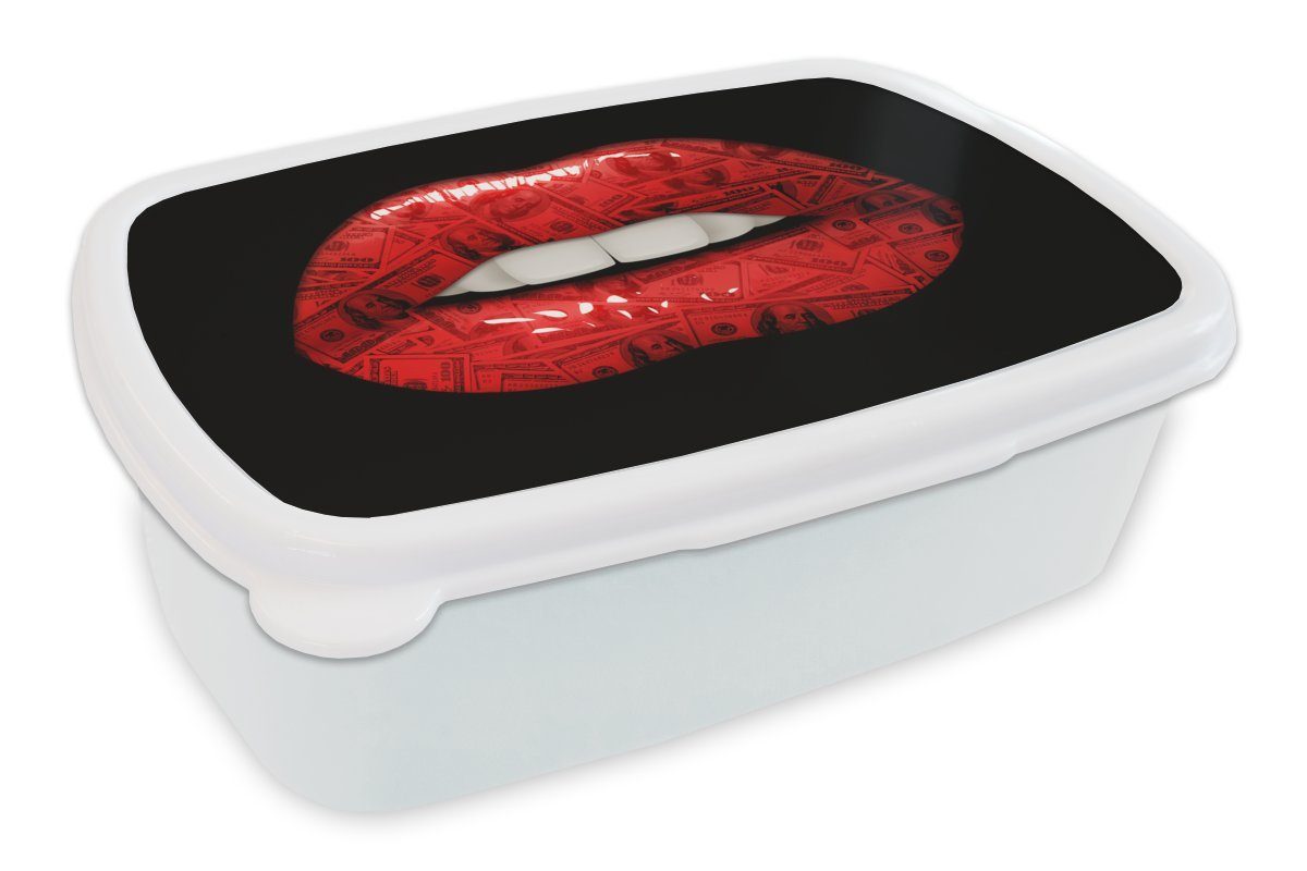 MuchoWow Lunchbox Lippen - Geld - Rot, Kunststoff, (2-tlg), Brotbox für Kinder und Erwachsene, Brotdose, für Jungs und Mädchen weiß