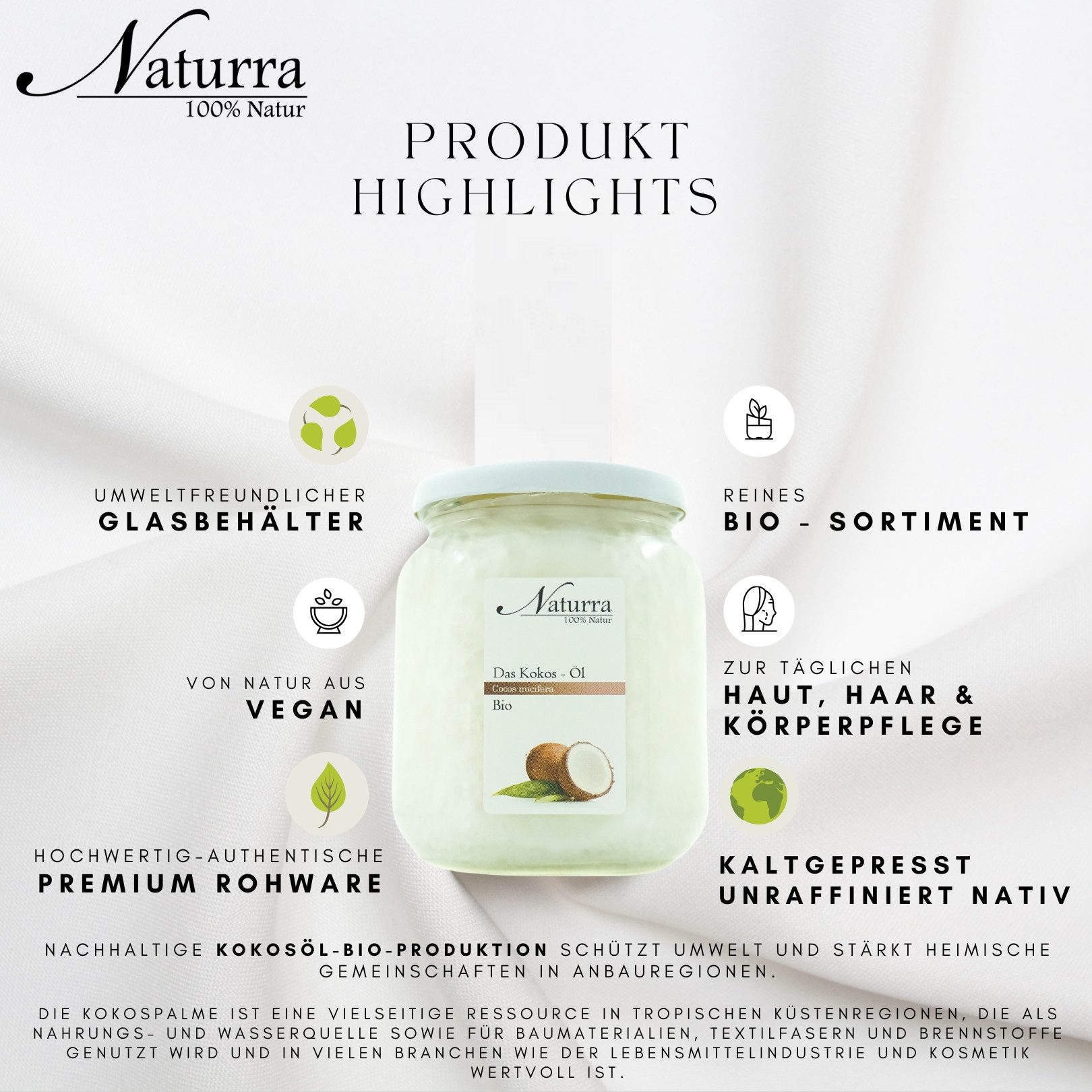Naturra Körperöl Kokosöl Bio kaltgepresst unraffiniert nativ Premiumqualität im Glas, Bio-zertifizierte native Rohware, 100 % rein, Natürlich vegan, Glas