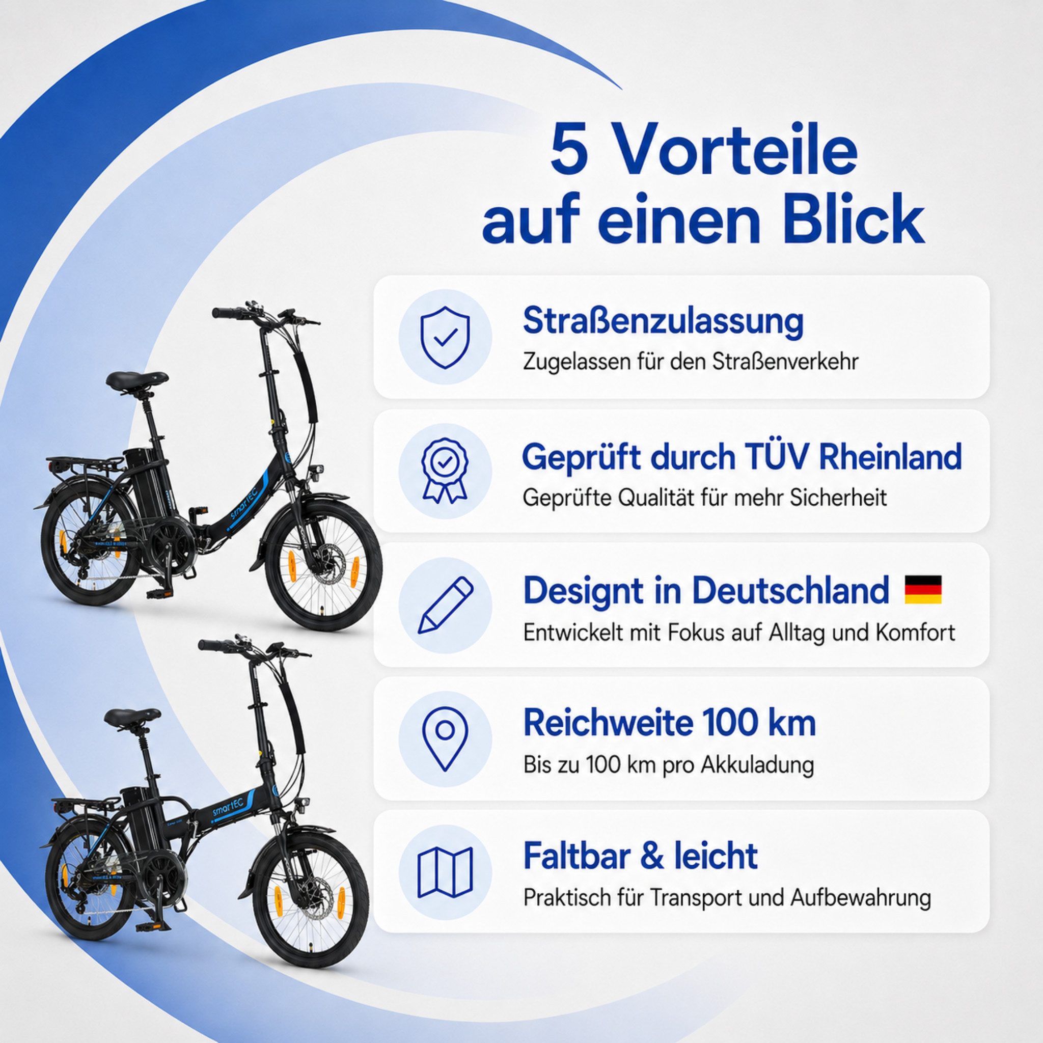 smartEC E-Bike Klapprad 20 Zoll E-Faltrad Camp-20D Pedelec Weiß smartEC, 7 Gang Shimano Tourney Schaltwerk, Kettenschaltung, Hinterrad-Nabenmotor, 562.00 Wh, (1 Paket, 6 tlg., Akku mit Ladegerät), Damen/Herren Unterstützung 25 km/h Anfahrhilfe Scheibenbremse StVZO