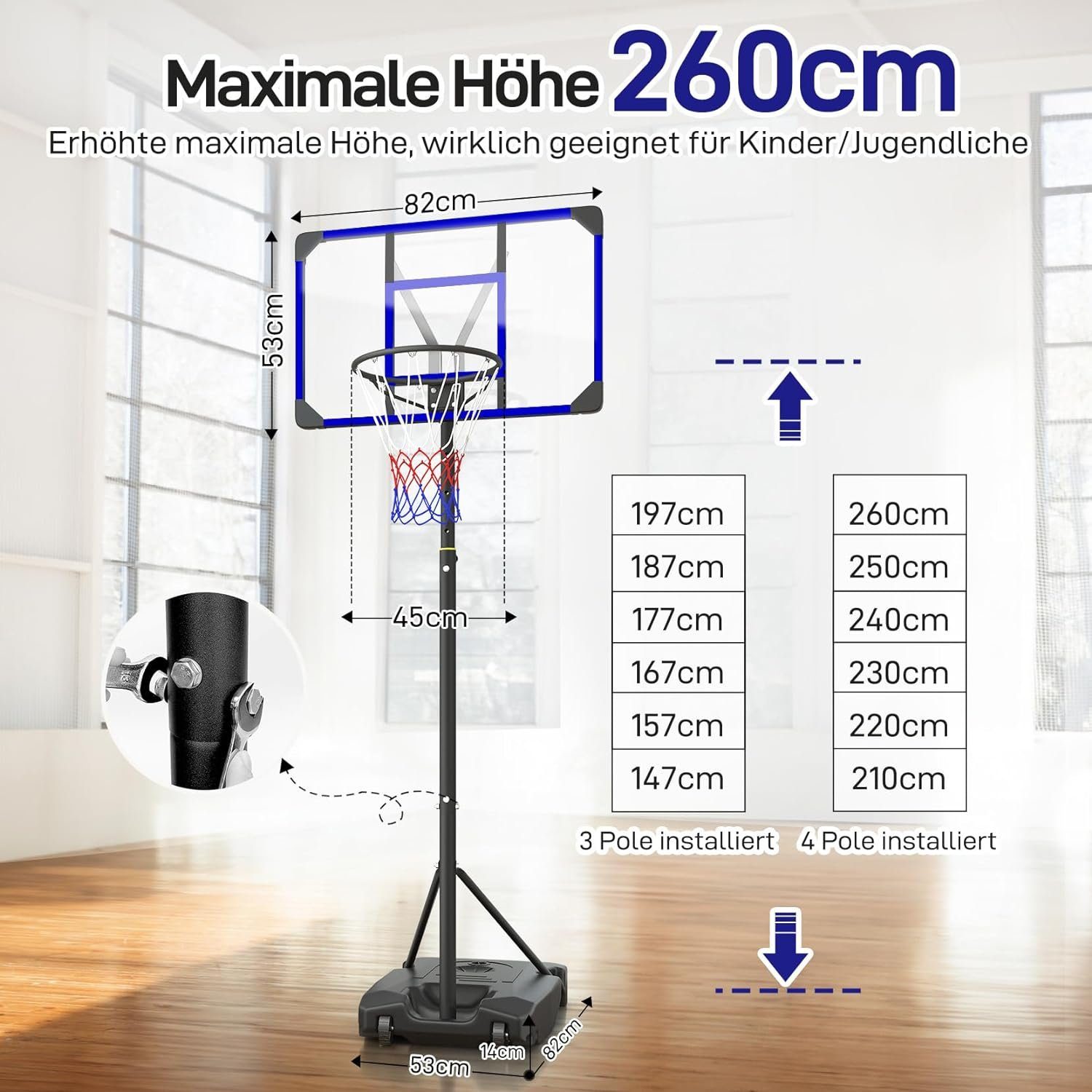 Yohood Basketballkorb 147–260cm Indoor Outdoor Basketballständer für Teenager mit Rollen