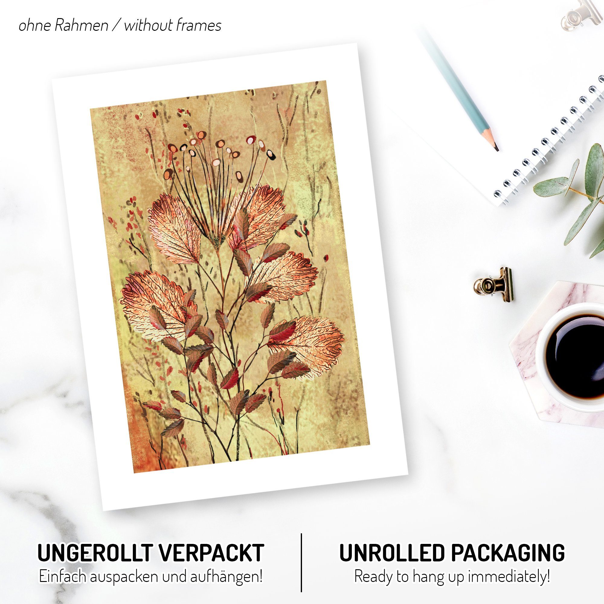 Kreative Feder Poster, Herbst, Natur, Blätter, Zweig, Baum, Zeichnung (Set, 3 St), 3-teiliges Poster-Set, Wandbild, optional mit Rahmen, DIN A4 oder A3
