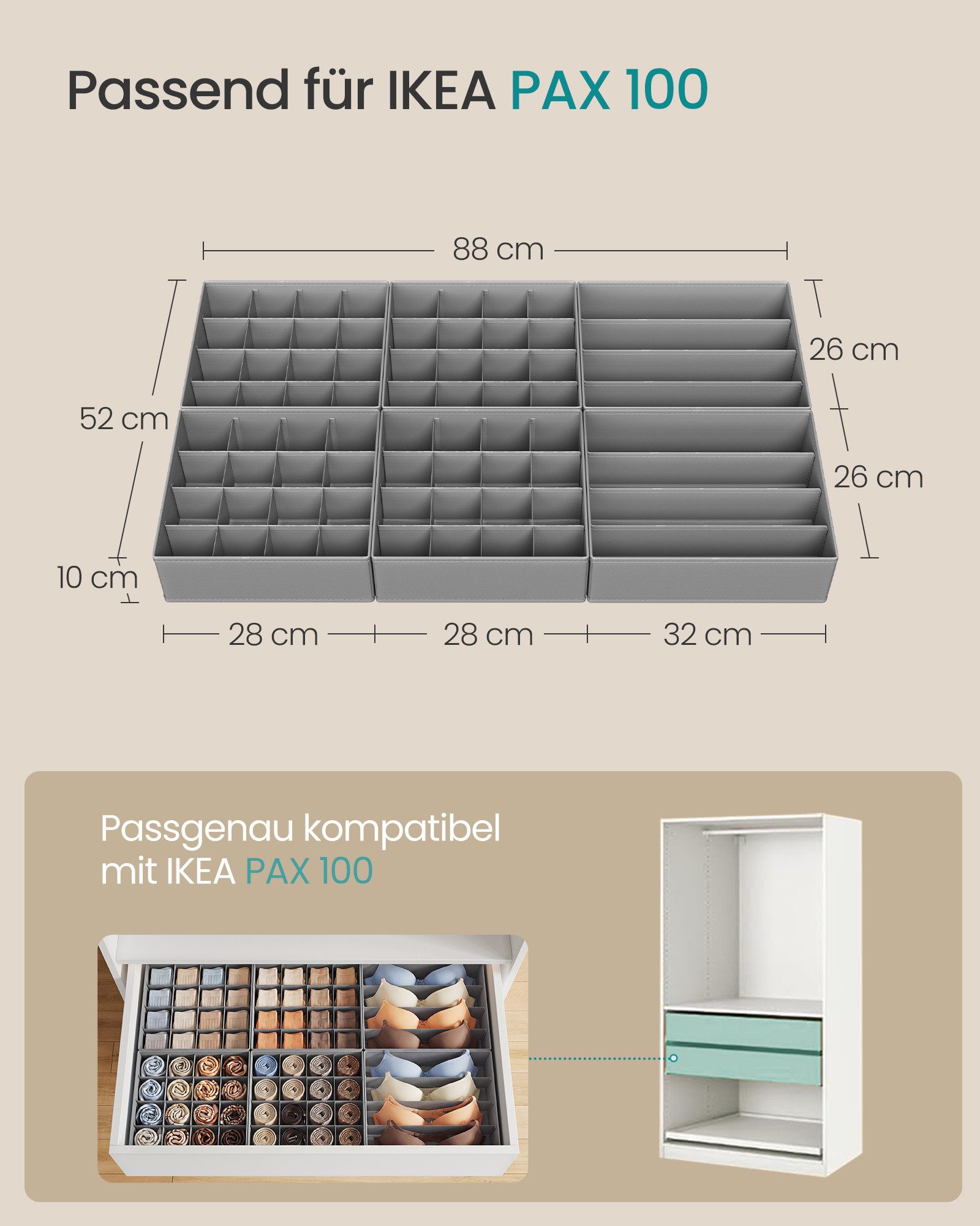 SONGMICS Aufbewahrungsbox Schubladen-Organizer, faltbar, Schrank-Organizer, 28 x 26 x 10 cm / 32 x 26 x 10 cm, und Krawatten, BHs, für Socken – Bild 2 von 5