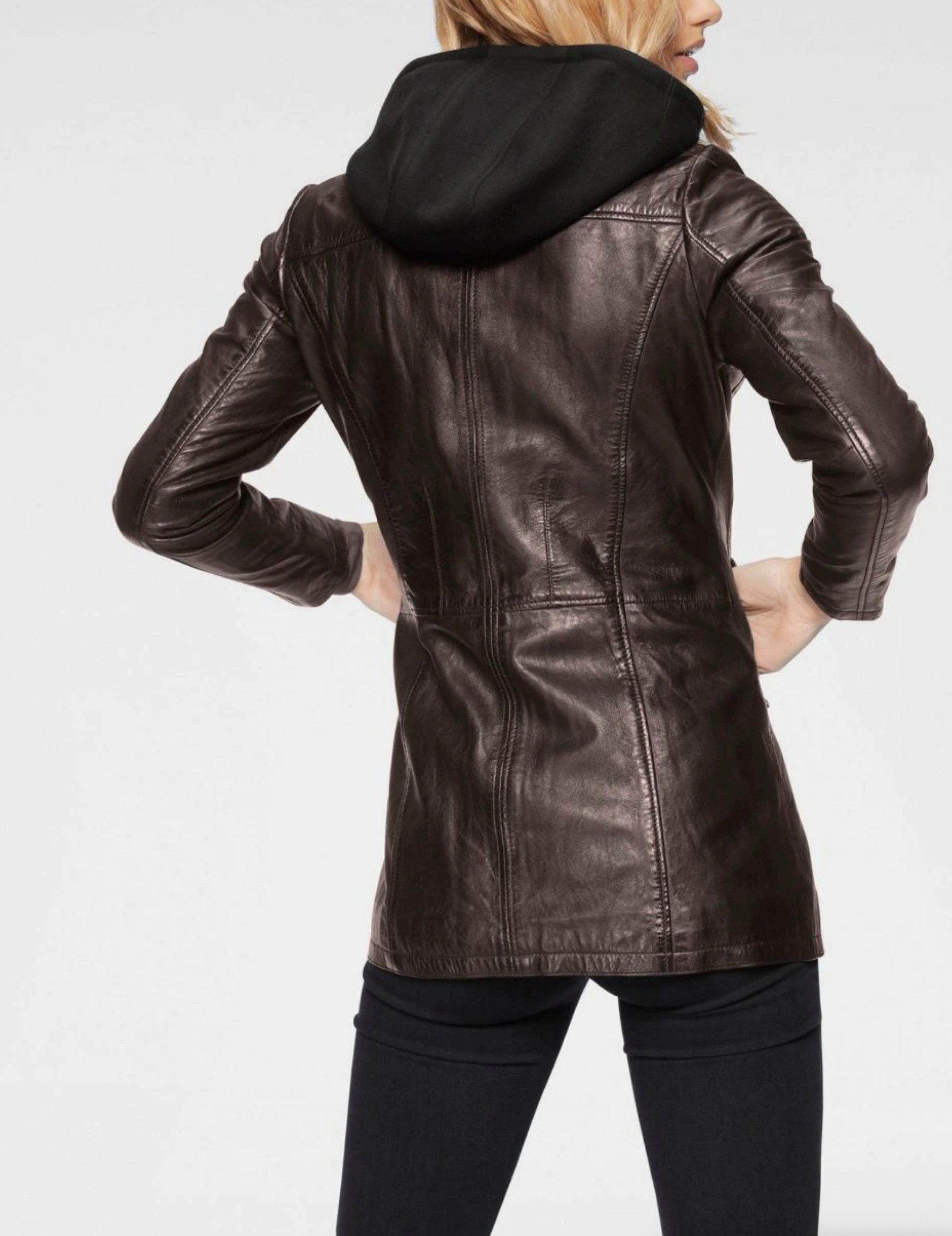 Keskin Collection Lederjacke Lederlongblazer Blazer Leder Jacke Dunkelbraun Kapuze Qualität Unifarben mit Kapuze