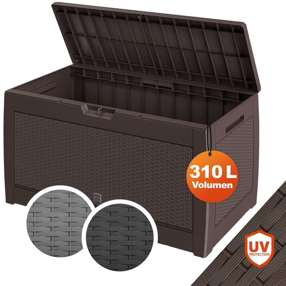 Casaria Auflagenbox Rato, UV-beständig 310L Haltegriffe Balkon Wohnzimmer Rattan-Optik Braun