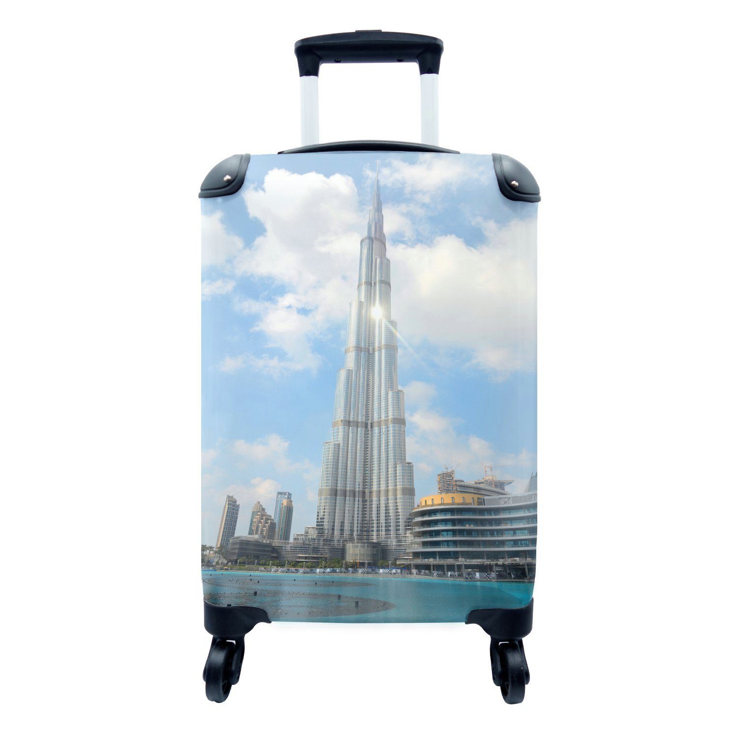 MuchoWow Handgepäckkoffer Die Sonne scheint auf den Burj Khalifa in Dubai, 4 Rollen, Reisetasche mit rollen, Handgepäck für Ferien, Trolley, Reisekoffer