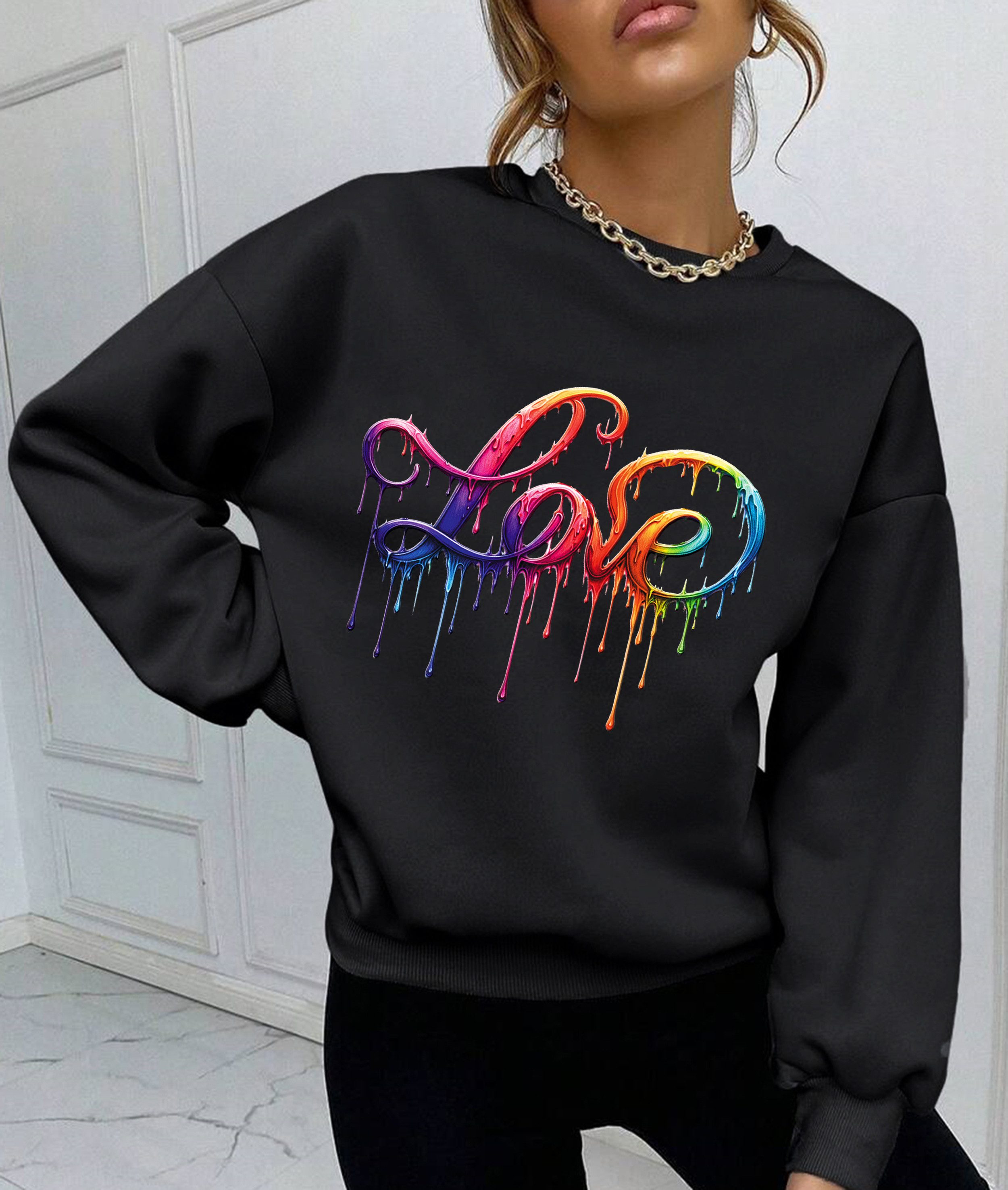 Rundhalspullover Damen Pulli Pullover Hoodie Longsleeve Oversize Loose Fit Liebe
