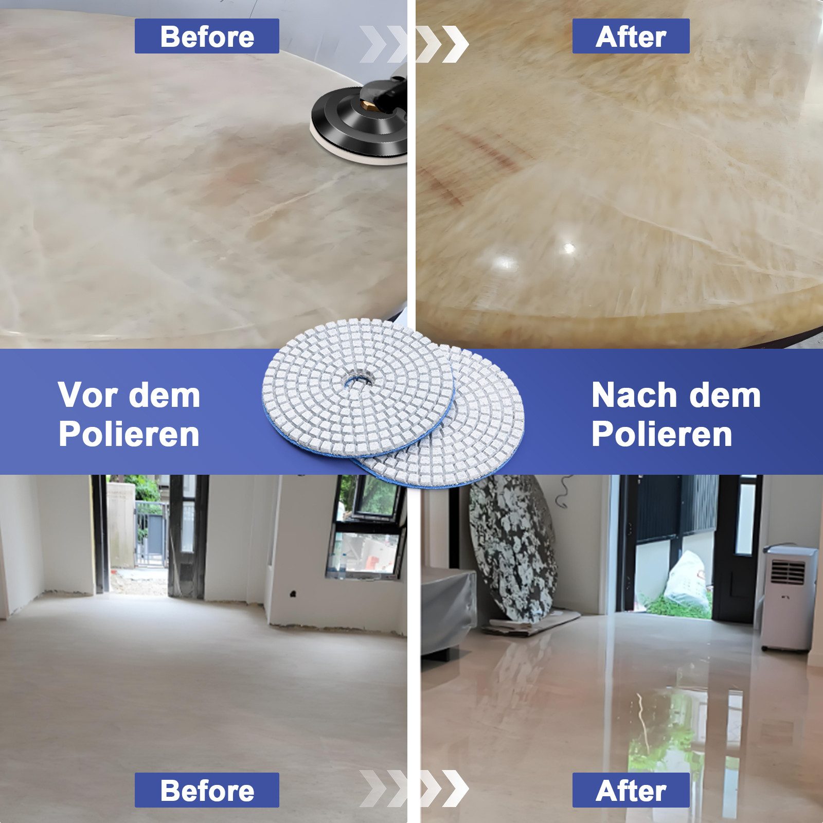 XERSEK Polishing Pad 16 Pieces M14 Diamond Polishing Discs Wet/Dry Sanding Pad Polishing Pad, Ø125mm Floor Grinder Polisher 50-10000# with Suction Pad + Drill Attachment