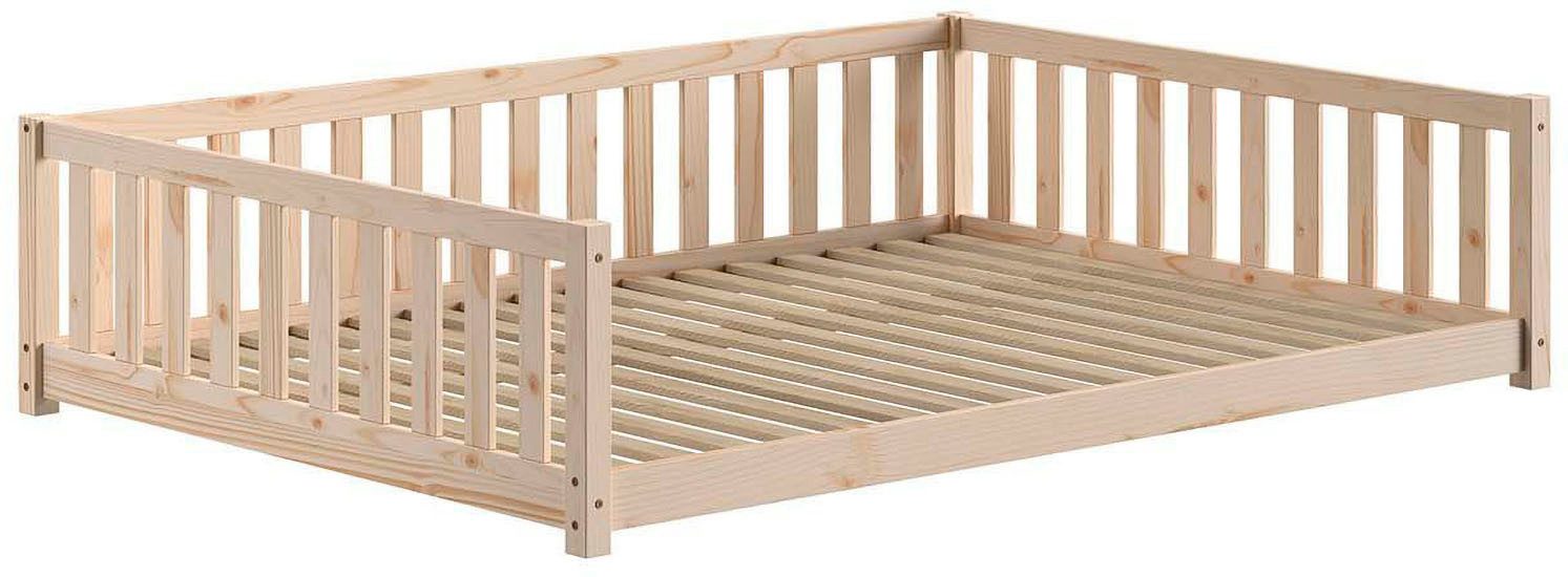 Vipack Kinderbett Dallas, massiv Bett, Rausfallschutz, umbaubar vom Boden- zum Daybett (inkl. Rolllattenrost und Sprossenumrandung, 90 oder 140x200 cm breit), stabil und standfest gebaut, wahlweise Kiefer massiv natur oder weiß