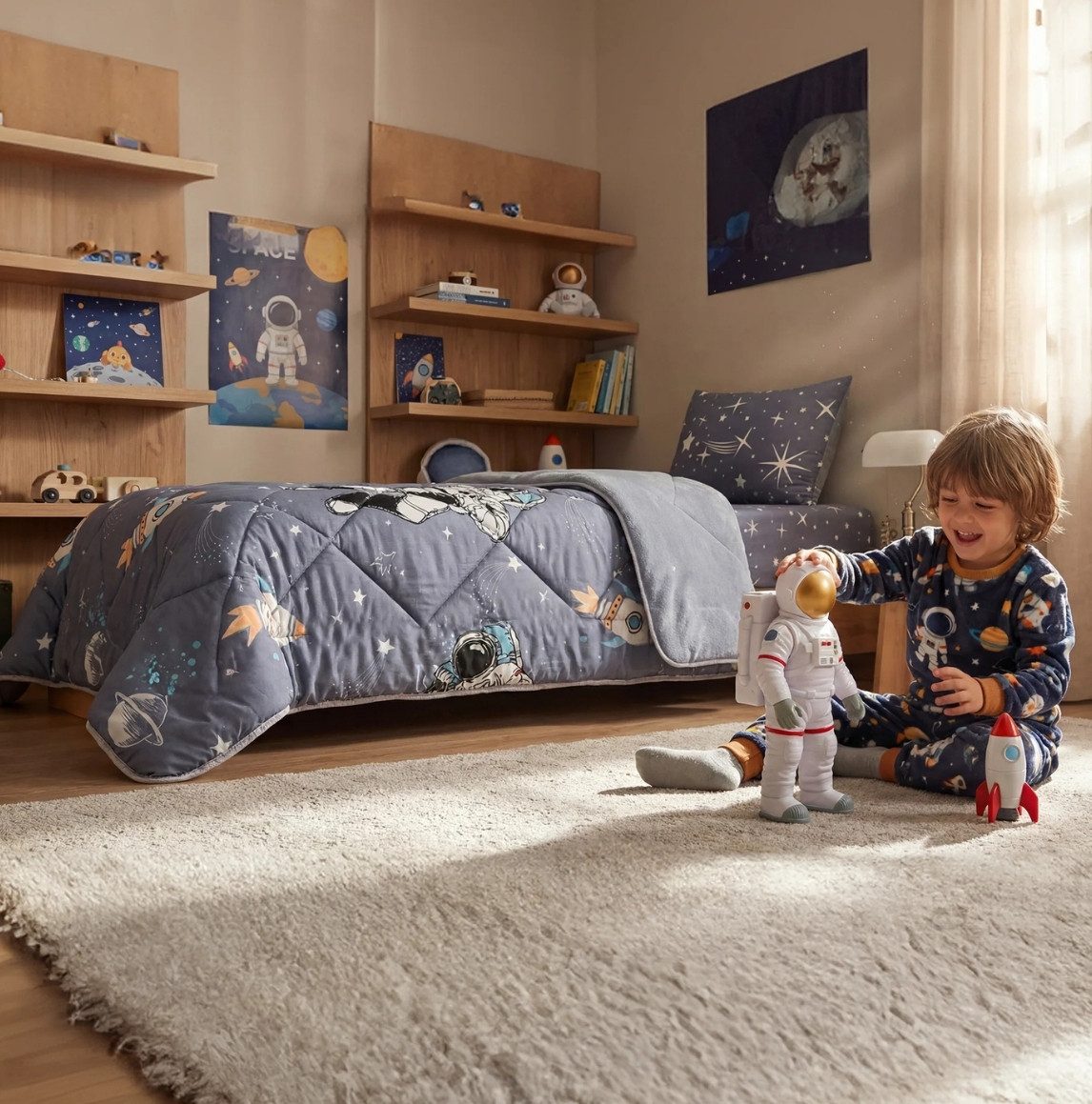 Formeya Kinderbettwäsche Astronauten Kinderbettwäsche Set 135x200 cm mit Wendedecke