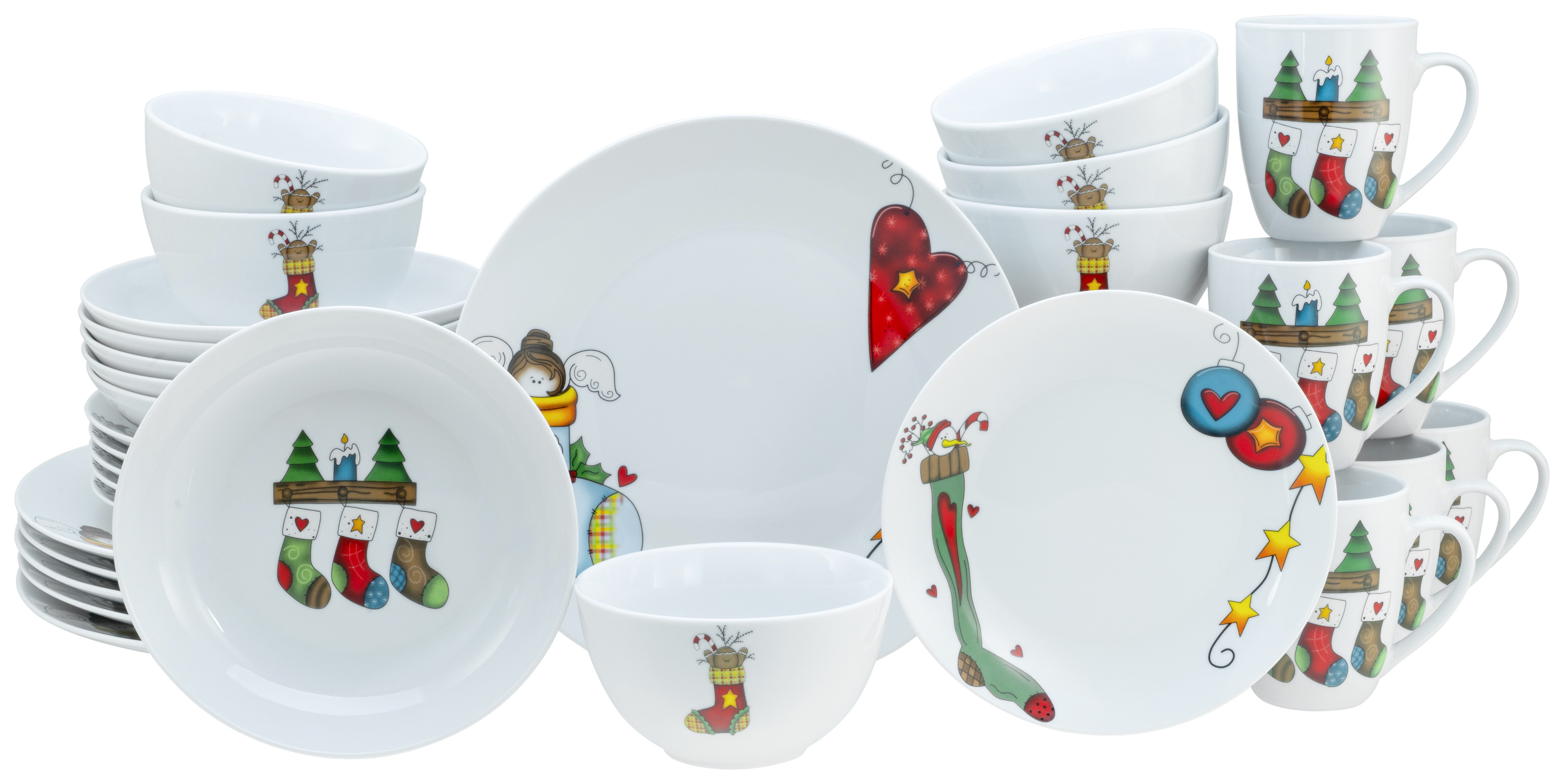 CreaTable Комбинированное обслуживание Luna Socken, Kombi-Service 30-tlg (30-tlg), 6 Personen, Porzellan, Winterlicher Dekor mit lustigen Sockenmotiven