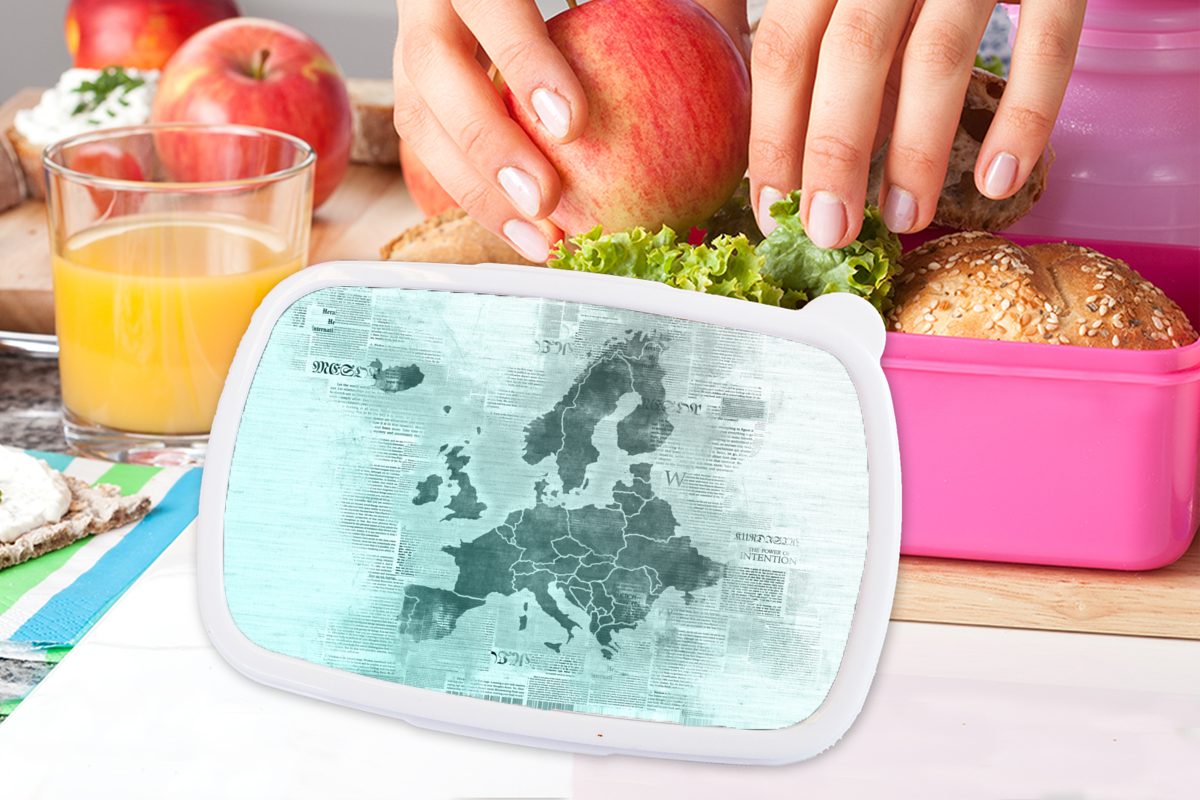 Blau, MuchoWow Kunststoff, Kinder, Brotdose - Erwachsene, für Snackbox, Europa rosa Karte von Lunchbox (2-tlg), Brotbox Kunststoff - Mädchen, Zeitung