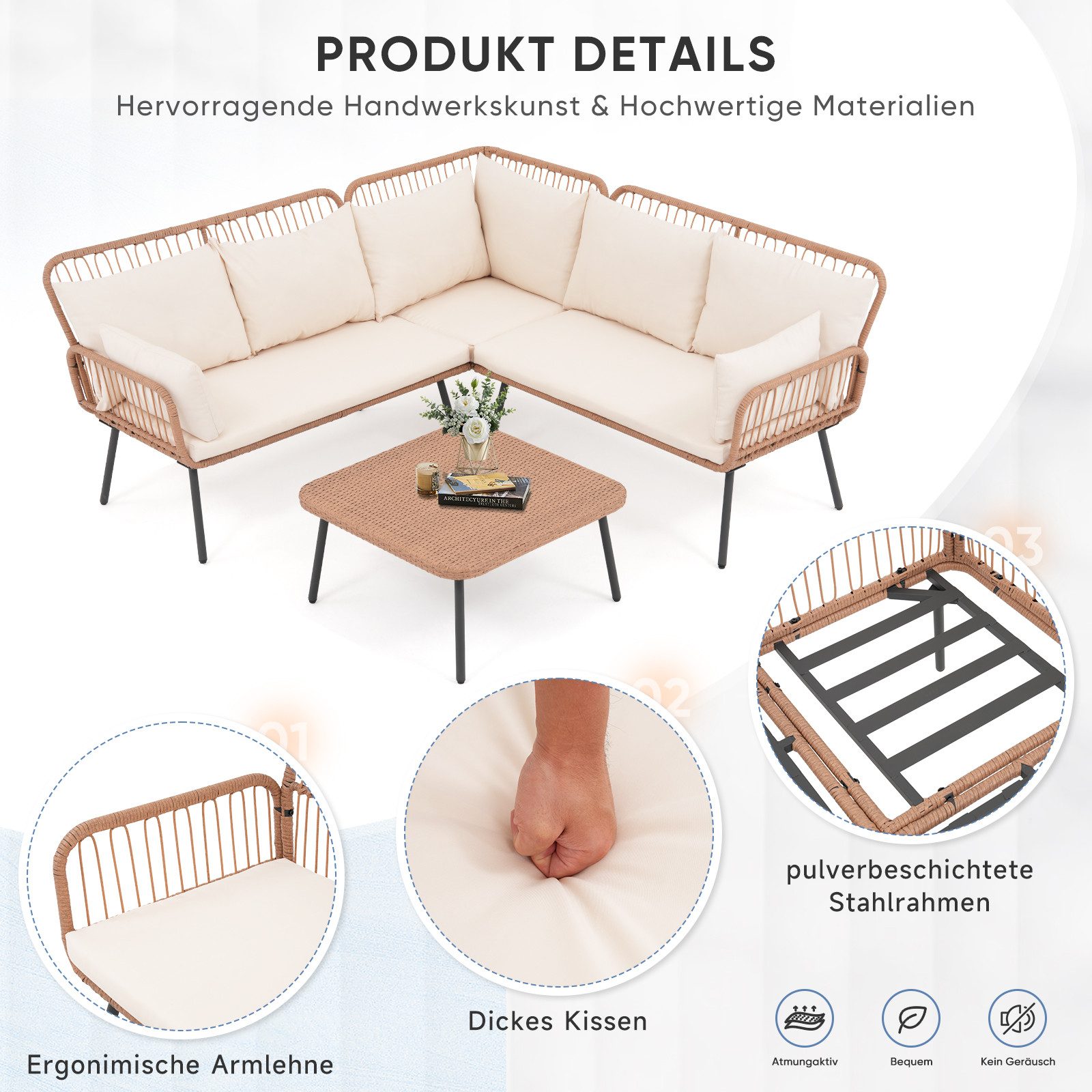 JOIVI Gartenlounge-Set 4-tlg Garten Lounge Set, Outdoor Rattan Garten-Sofa Set, (mit Couchtisch und Sitzkissen, 3 Packet insgemst, L-förmige Terrasse Unterhaltungssets), für Terrasse, Balkon, Garten, (Creame Beige)