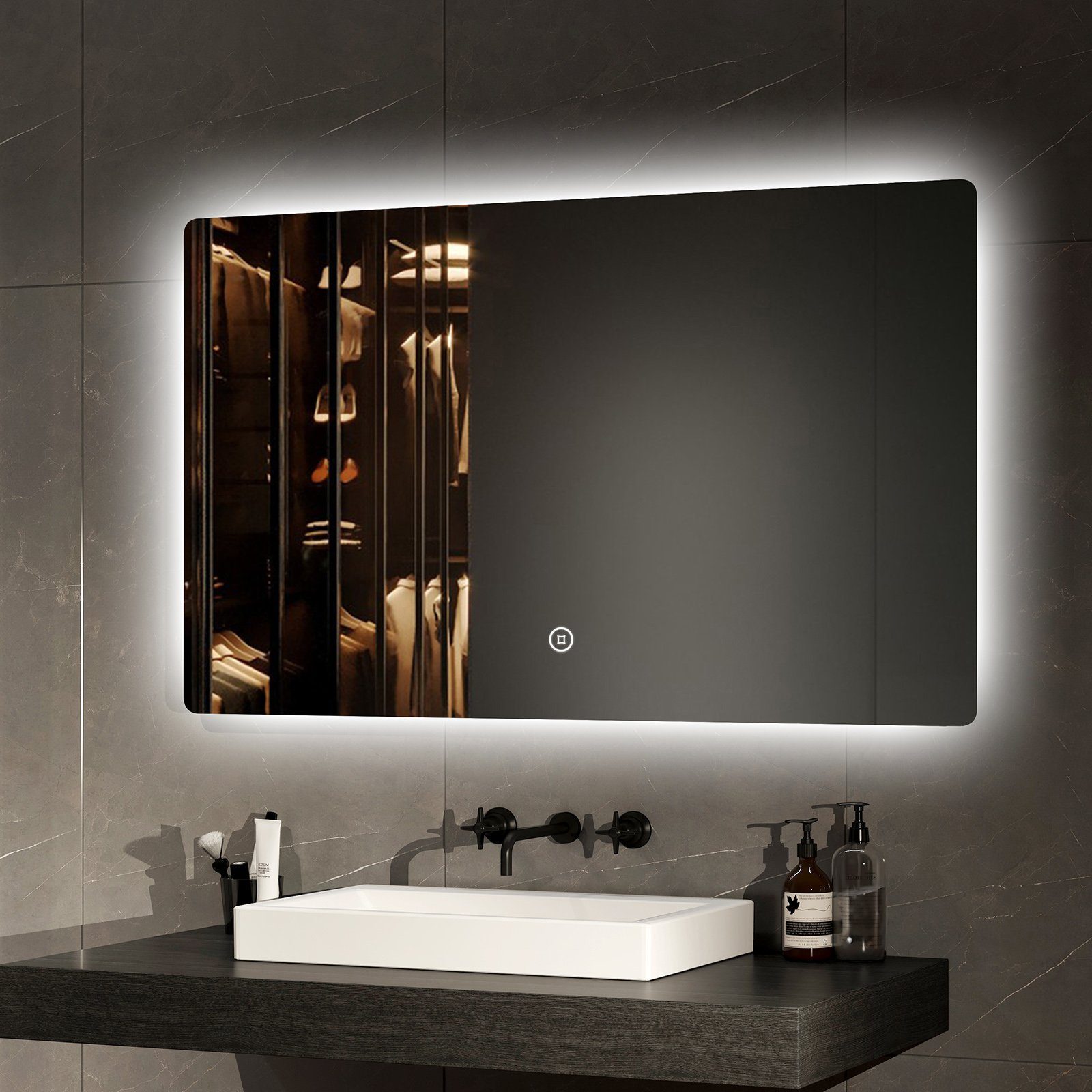 EMKE Badspiegel mit Beleuchtung Badezimmerspiegel Wandspiegel mit LED (Modell 09, Vertikal und Horizontal möglich), mit Touch 3 Farben des Lichts Dimmbar 80-100cm IP44