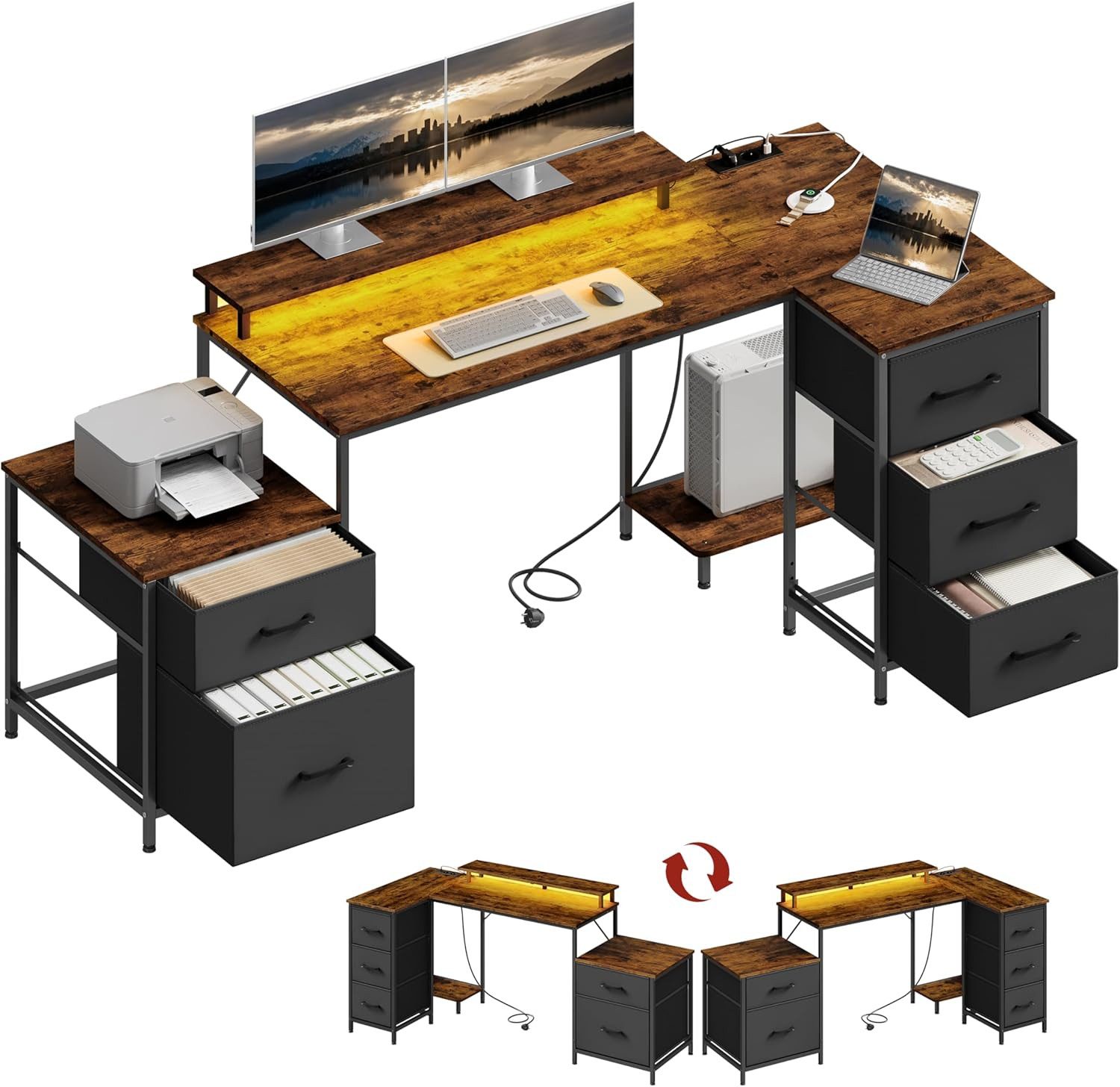 Woltu Eckschreibtisch, Schreibtisch L Form 180x80cm mit 5 Schubladen 2 Ablagen&Steckdosen LED