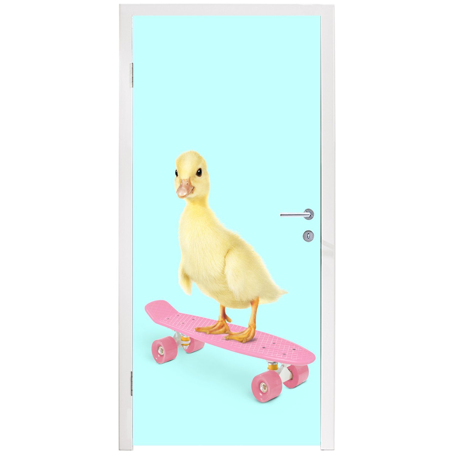MuchoWow Türtapete Ente St), Rosa, Blau - - 75x205 - (1 für Matt, - cm bedruckt, Türaufkleber, Skateboard Tür, Fototapete Küken