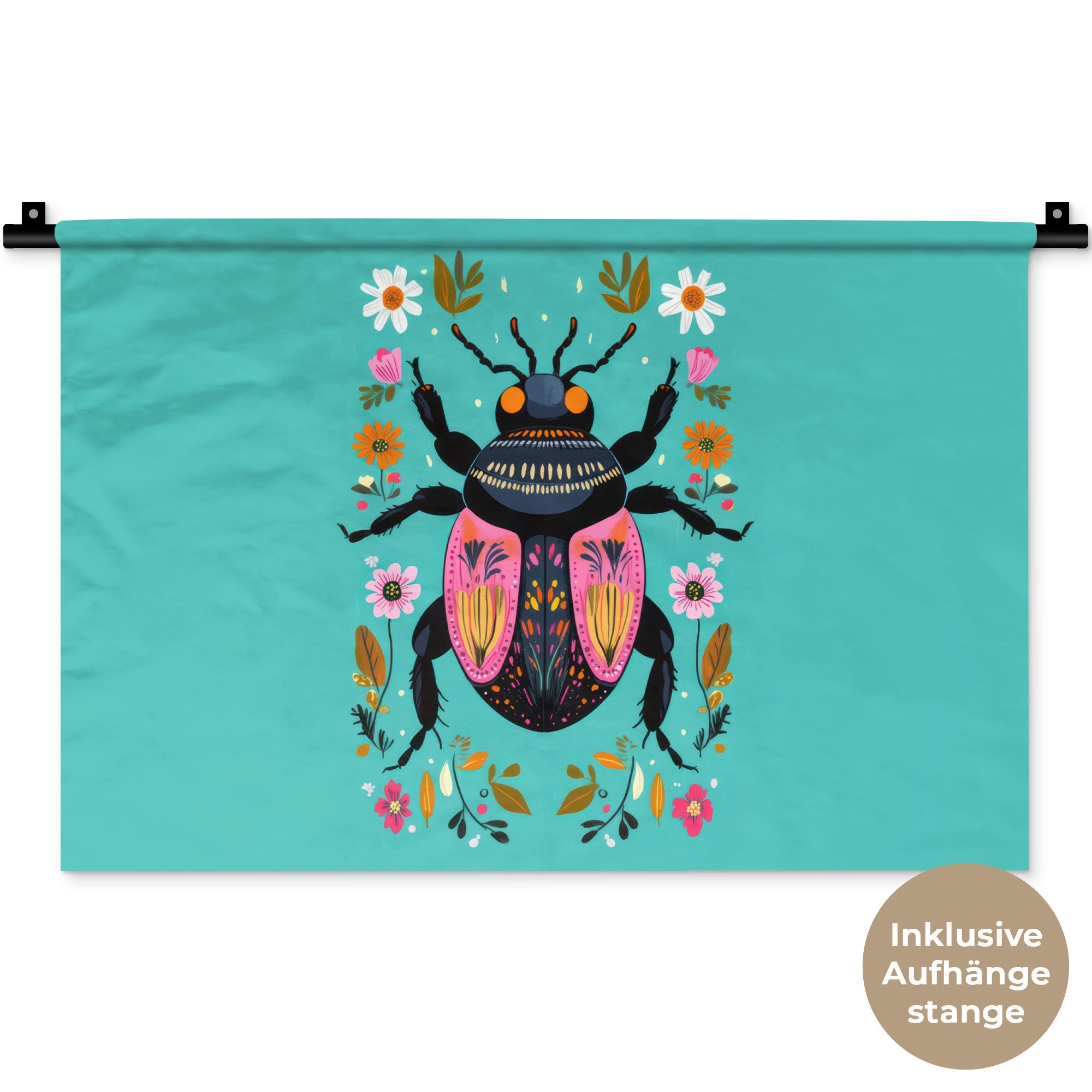 MuchoWow Wandteppich Käfer - Blumen - Türkis - Blätter, Rechteckig, Höhe: 3 mm, Wandteppich für Wohnzimmer, Schlafzimmer, 60x40 cm