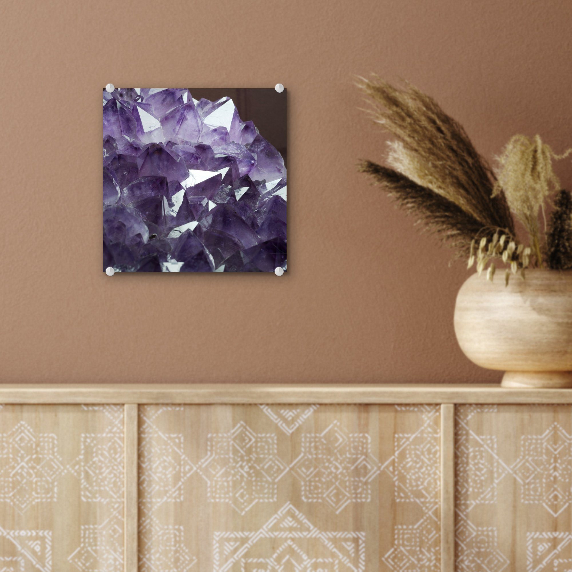 Glas Nahaufnahme - Bilder (1 St), Hintergrund, - Acrylglasbild auf Foto Wandbild auf Glas dunklem Glasbilder Wanddekoration - Amethysten auf eines MuchoWow