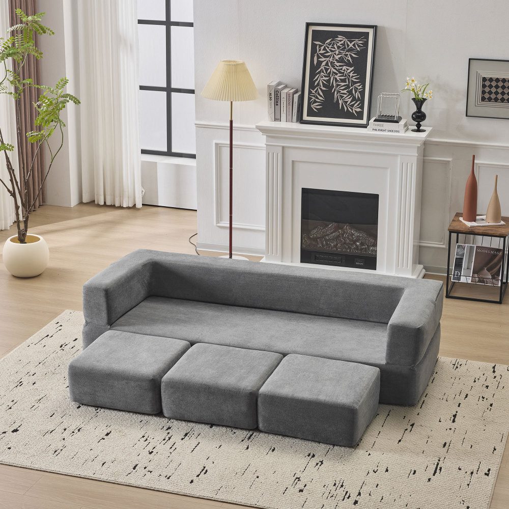 BBWL Schlafsofa Chenille 3 Sitzer mit Fußstützen Bodensofa faltbar Bettfunktion, Schlafsofa platzsparend hochelastischer Schaumstoff für Studio Büro, Schlaf Couch