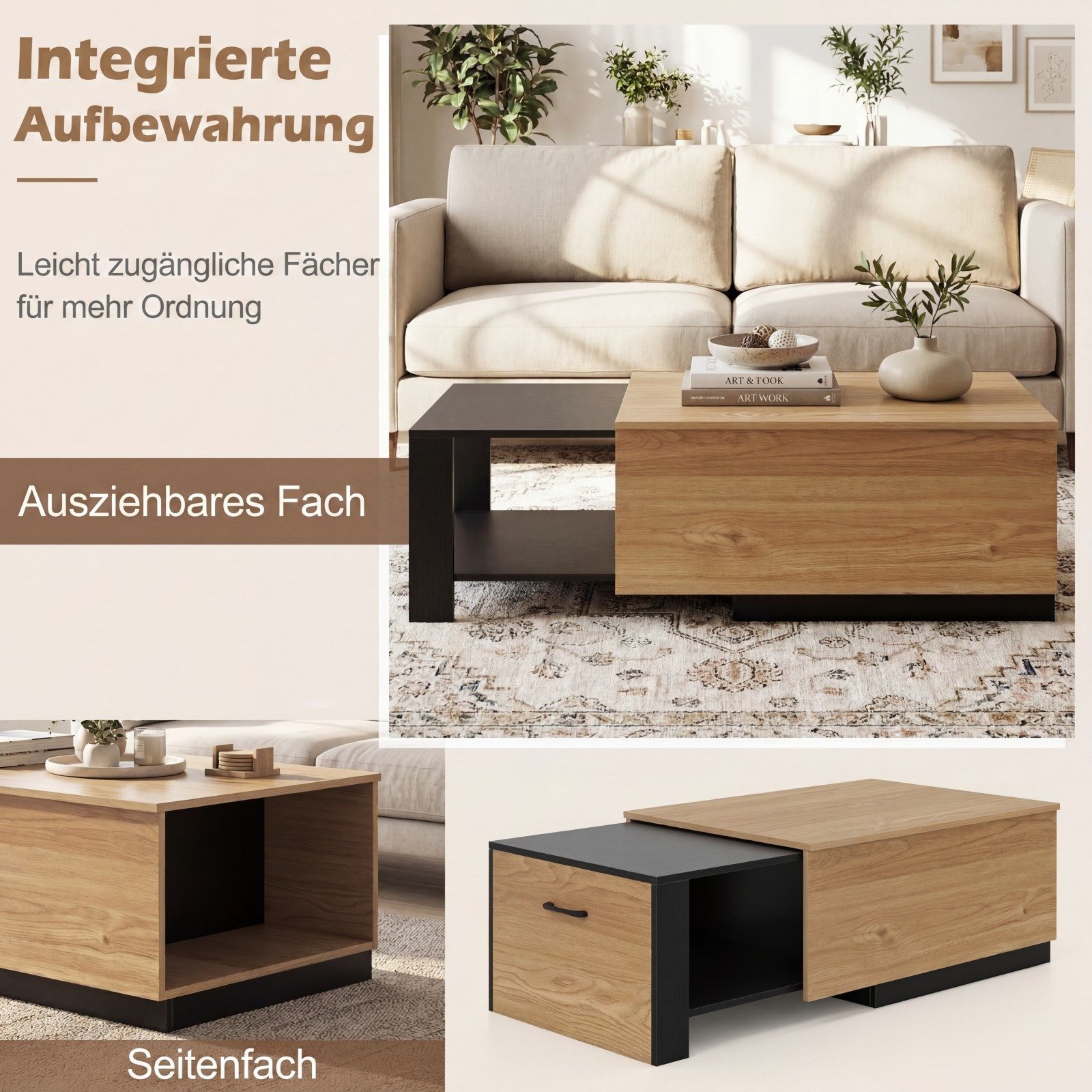 COSTWAY Couchtisch mit verstecktem Stauraum Sofatisch ausziehbar, Holz rechteckig – Bild 4 von 5