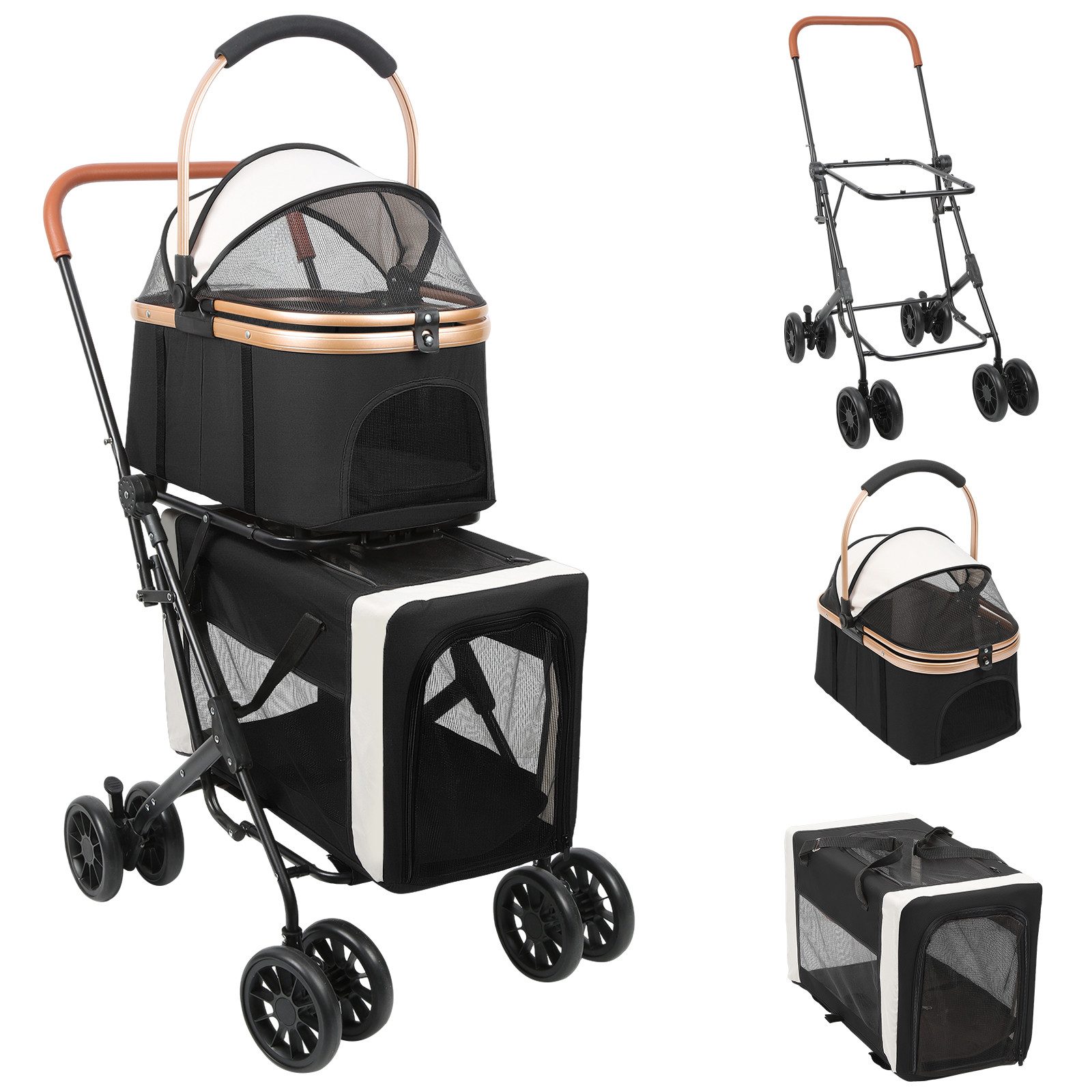 JEOBEST Hundebuggy Doppelkorb-Hundewagen, Haustierwagen, Haustier Transportwagen, (Faltbarer, Abnehmbaren, 360° Lenkräder + Fußbremse)Belüftungsnetz von JEOBEST