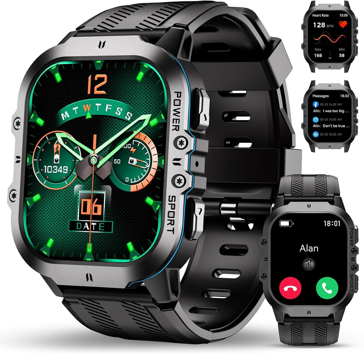 OUKITEL Herren's Militär Telefonfunktion 5ATM Wasserdicht Smartwatch (Android/iOS), Mit AMOLED Touchscreen, mit Blutdruckmessung, 120+Sportmodi SPO2/Schlafmonitor/Schrittzähler