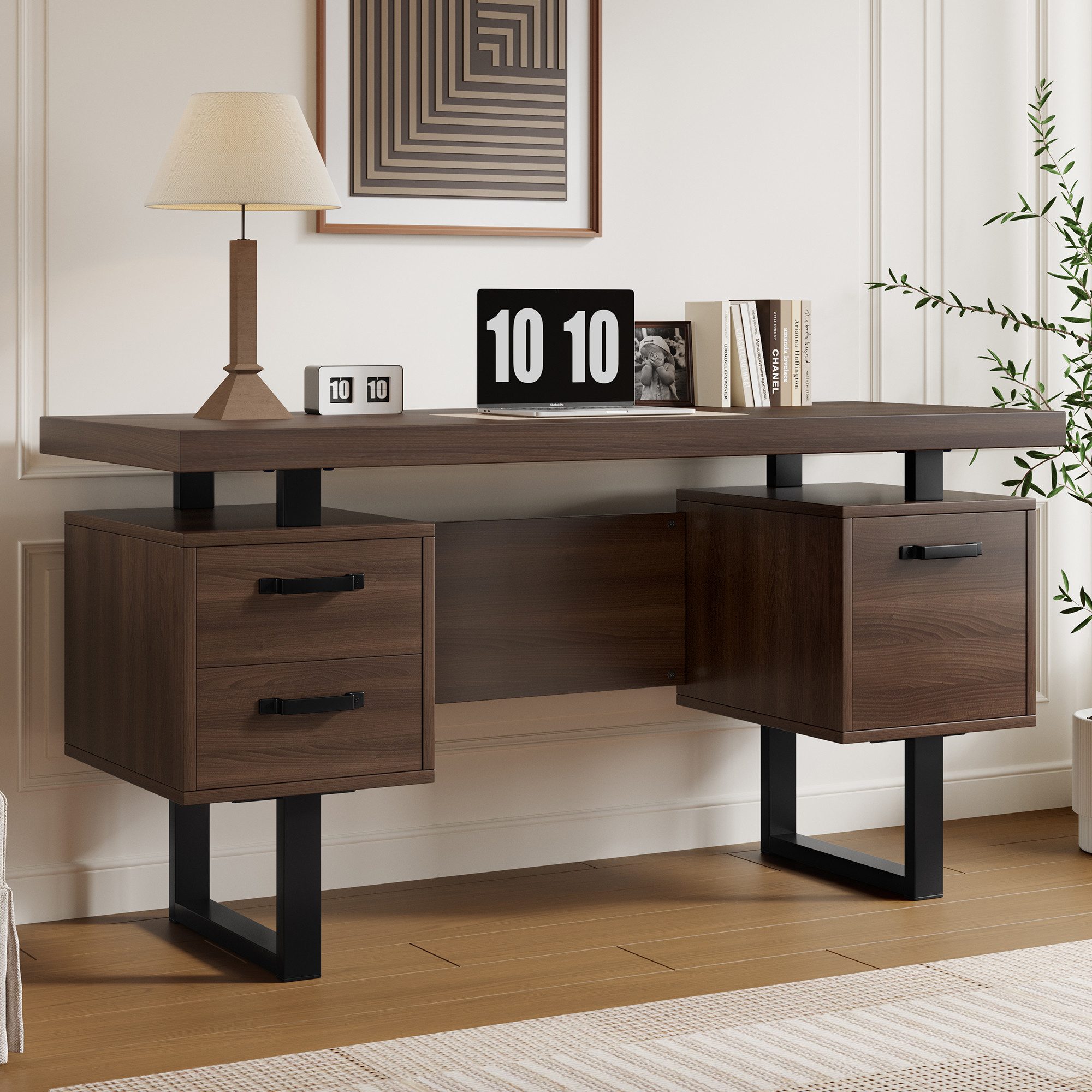 Flieks Schreibtisch mit 3 Schubladen Computertisch (1-St., B135/T54/H76 cm, Stahlgestell), Arbeitstisch Bürotisch Walnussfarbe, Tischplatte aus MDF, Breite 135cm