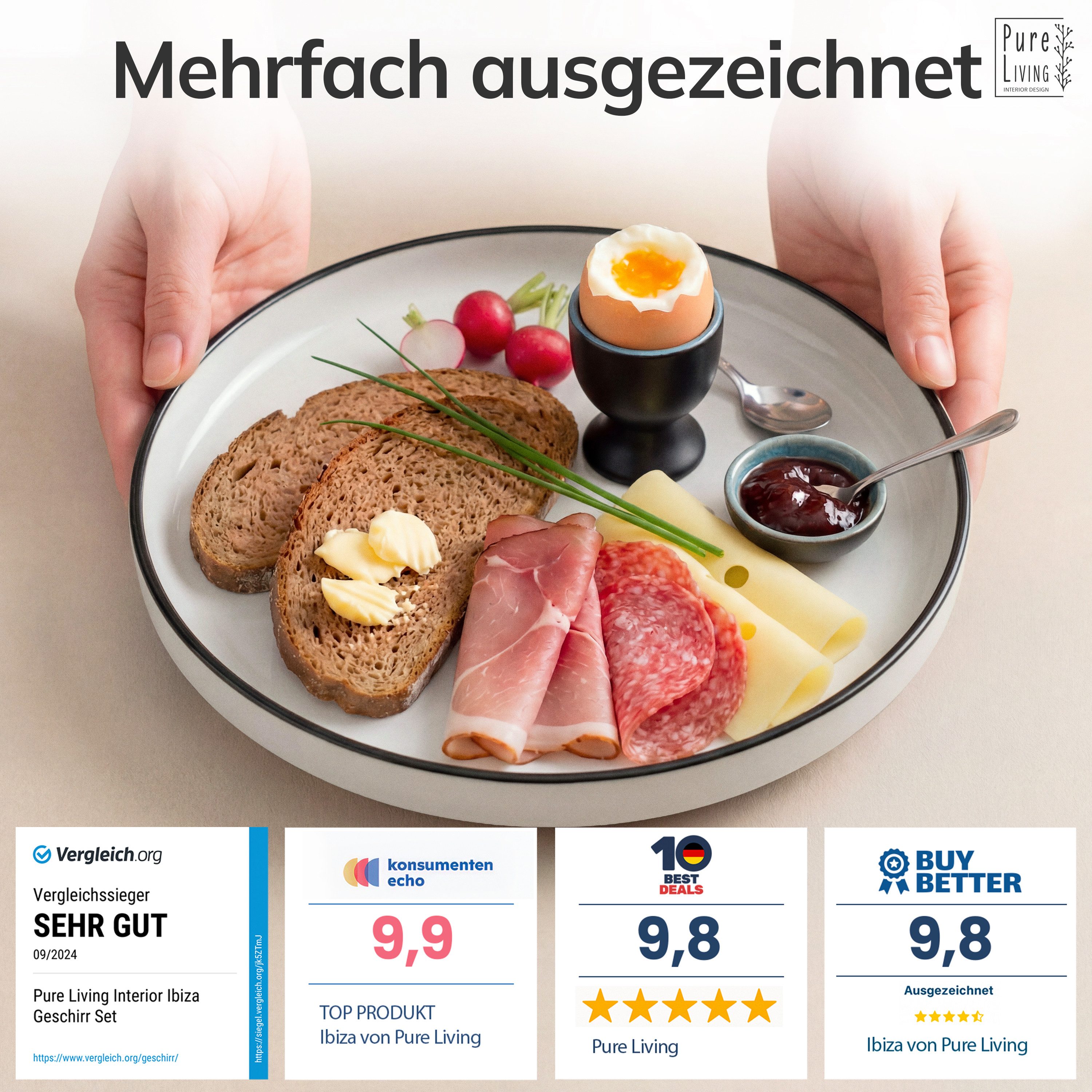 PURE LIVING INTERIOR DESIGN Geschirr-Set Pure Living Dessertteller 6er 20cm »Scandi«, Porzellan weiß, 6 Personen, Porzellan, Zeitloses skandinavisches Design, Eleganter schwarzer Rand, Minimalis…