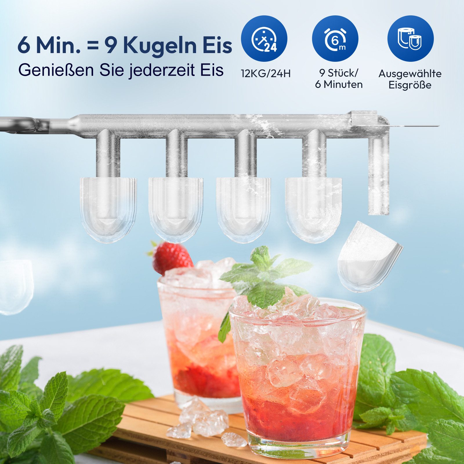 loefme Eiswürfelmaschine Tragbarer, 12kg/24h, 9 Würfel in 6 Min, mit Selbstreinigung, 2 Eisgrößen, Leiser Eiswürfelbereiter mit Tragegriff, 1,4L Tank – Bild 3 von 5