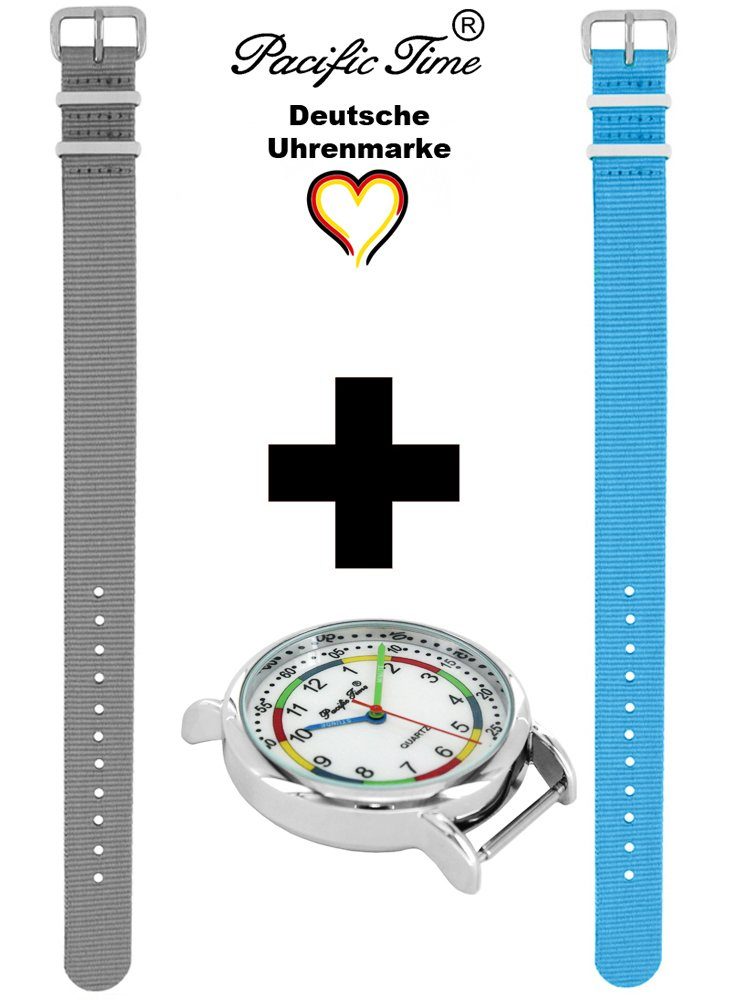 Pacific Time grau - Lernuhr Armbanduhr Gratis Design Mix First Wechselarmband, Versand Kinder und und Set Match Quarzuhr hellblau