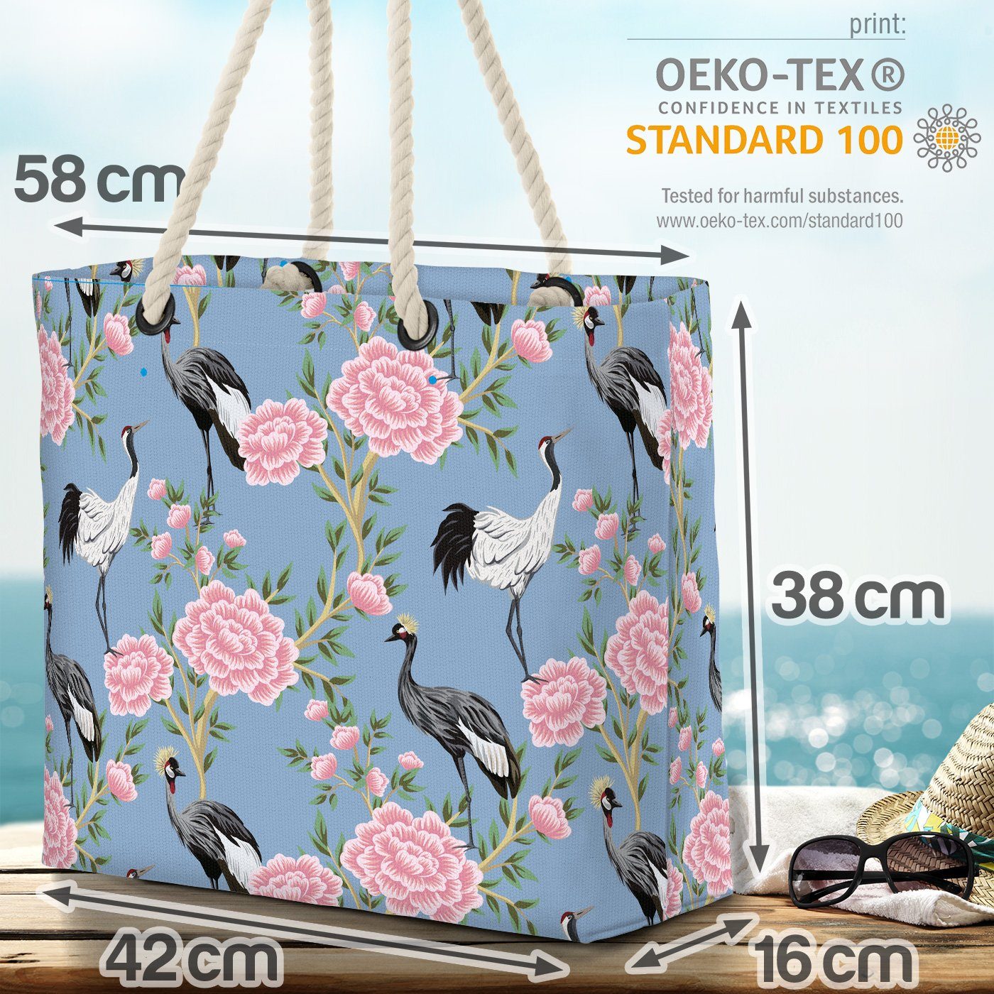 (1-tlg), Sommer Bag VOID Strandtasche Indien Kranich Vogel Urlaub Beach Asien Blumen-Muster Pflanze Blumen