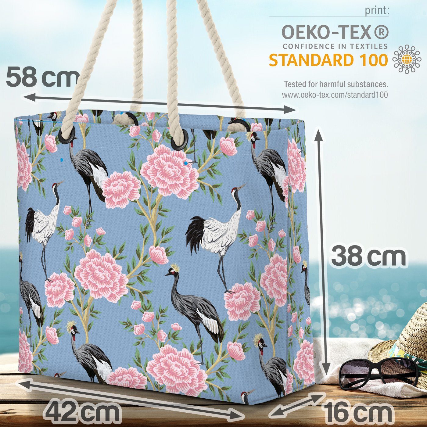 VOID Strandtasche (1-tlg), Sommer Asien Beach Kranich Indien Vogel Urlaub Blumen Pflanze Bag Blumen-Muster