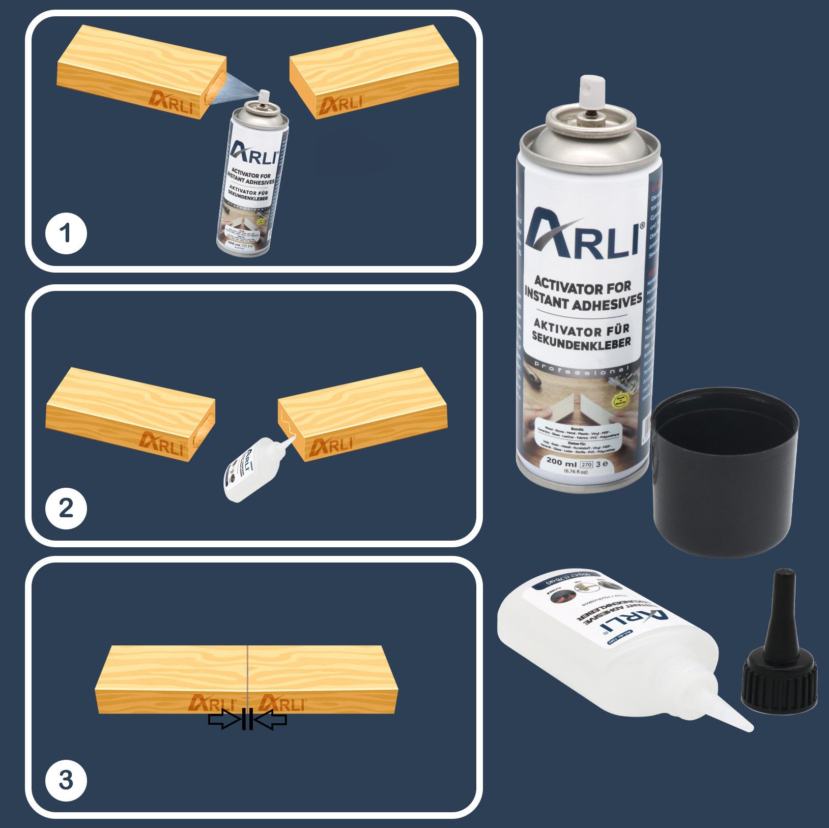ARLI Montagekleber Sekundenkleber 100g mit Aktivator 400ml Universal, (1-tlg), Cyanacrylat Kleber Schnell trocknender Klebstoff