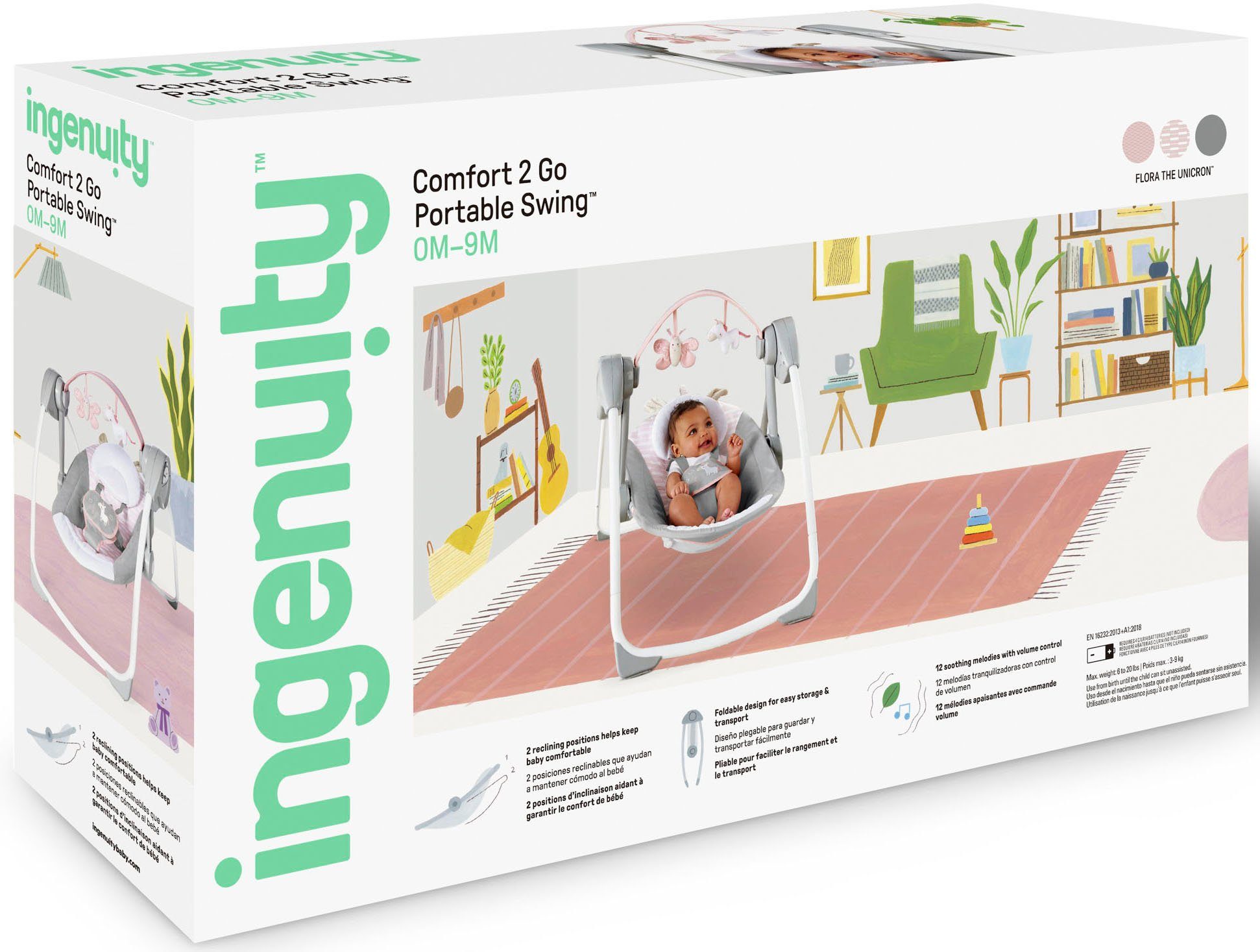 ingenuity Babyschaukel Comfort 2 Go, Flora Unicorn, tragbar