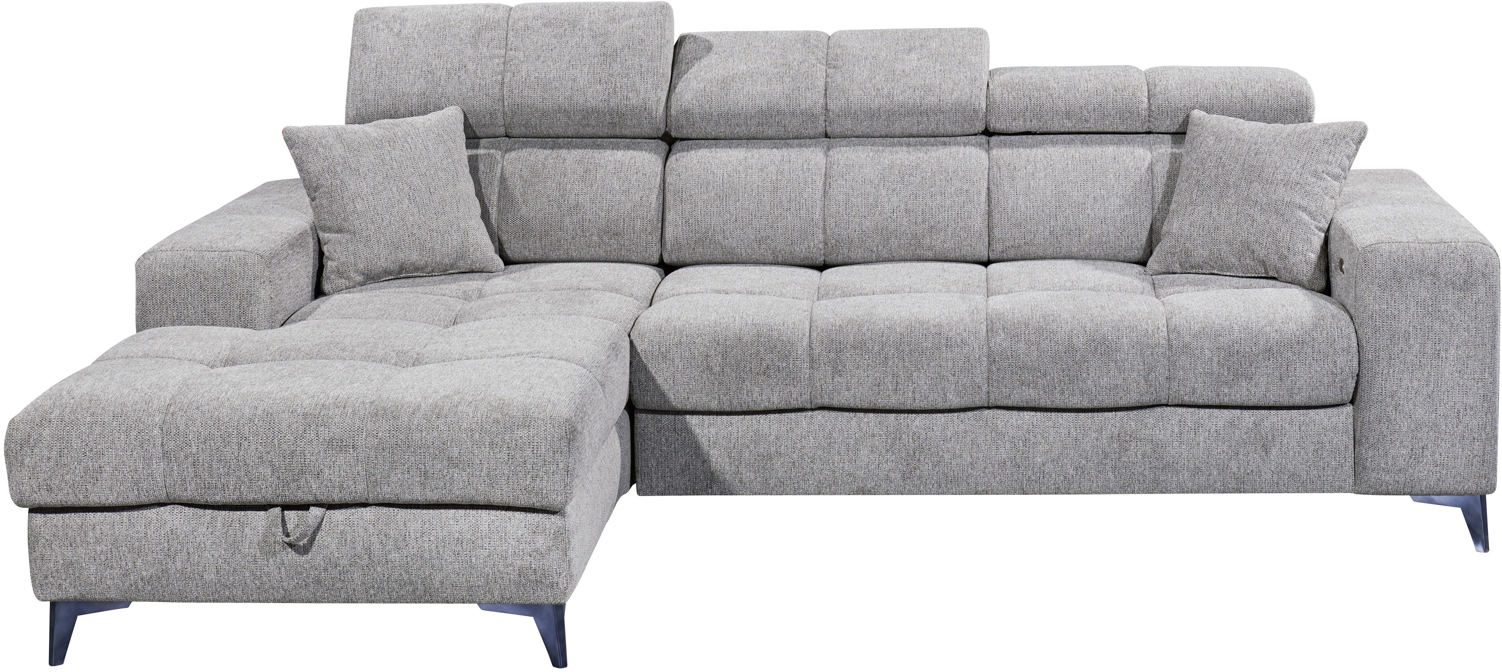 ED EXCITING DESIGN Ecksofa Sydney L-Form mit Bettfunktion, Bettkasten, Kopfteilverstellung, motorischer Sitztiefenverstellung, USB-Port & 2 Zierkissen
