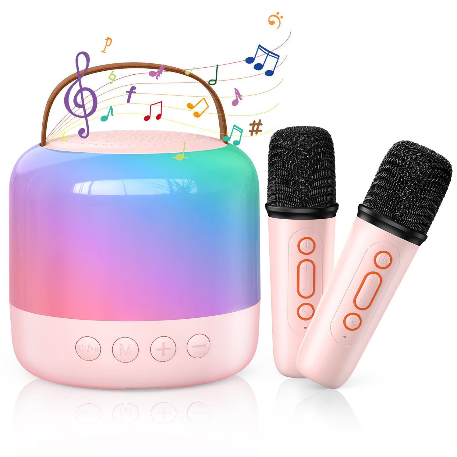 MOPUEA Mini Karaoke Maschine mit 2 Kabellosen Mikrofonen Karaoke-Anlage Bluetooth-Lautsprecher (5 W, mit LED Lichteffekt, USB-Ladung,Geburtstags- und Urlaubsgeschenk)
