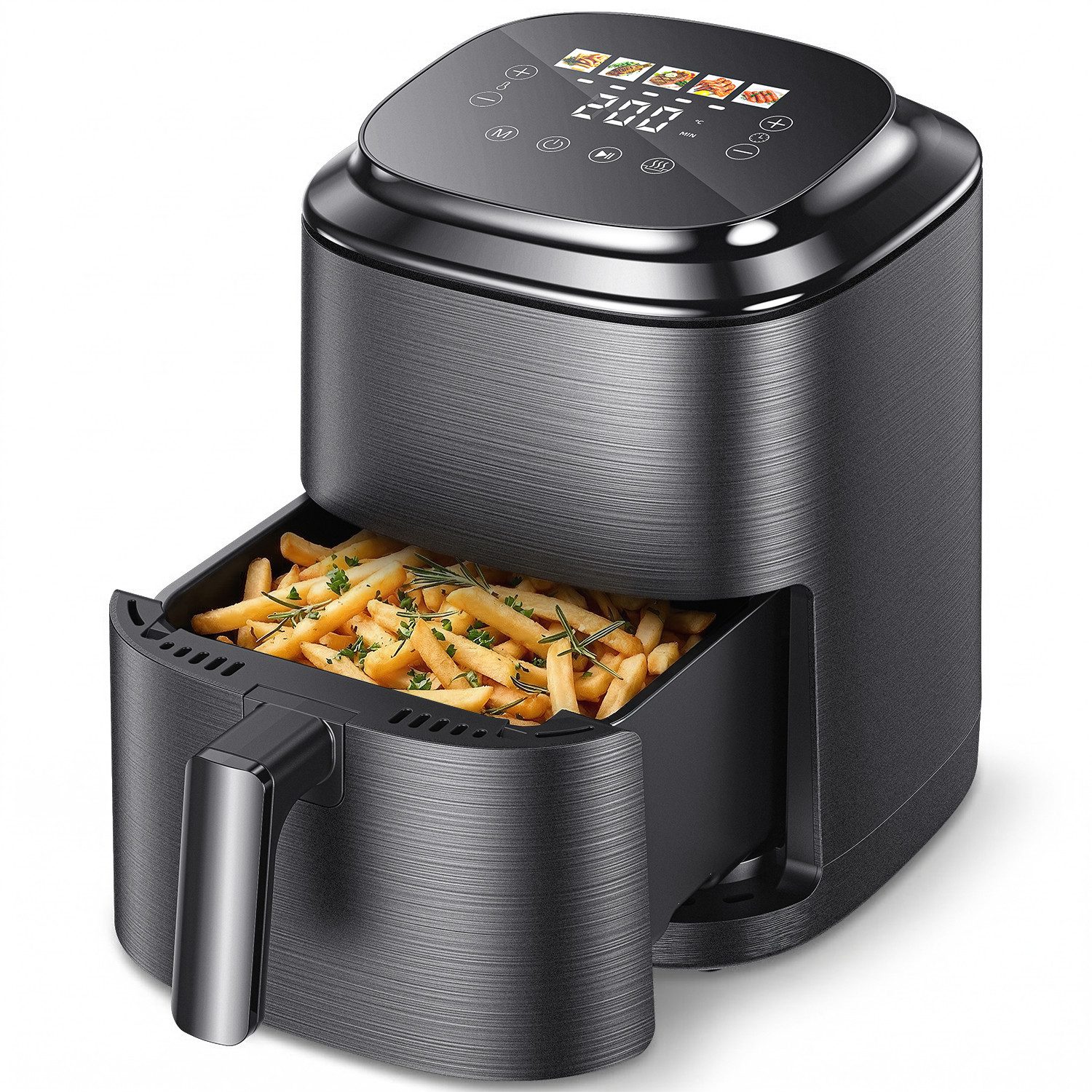 oyajia Heißluftfritteuse 4L AirFryer mit LED-Touchscreen, 80-200°C, 5 Kochfunktionen, Spülmaschinenfest, 1500 W, Backen, Grillen, Auftauen, Air Technologie 90% weniger Öl