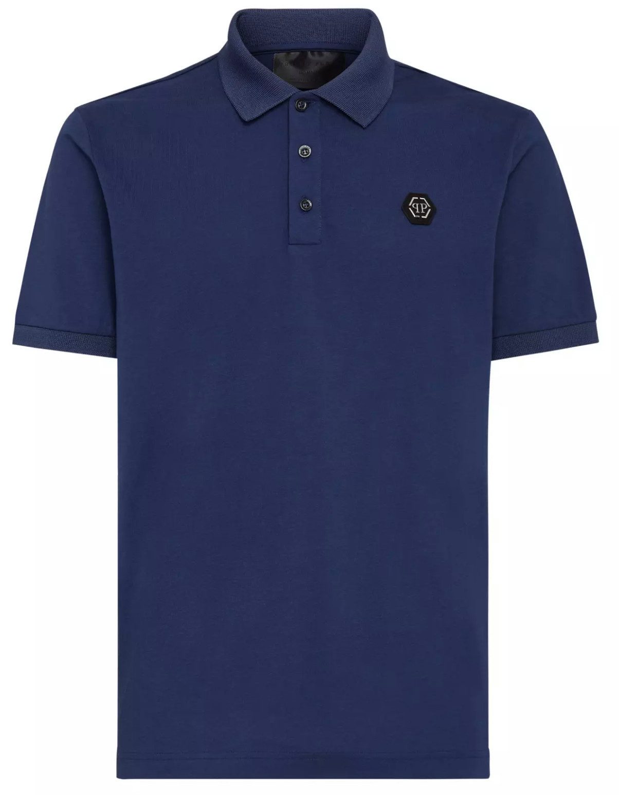 PHILIPP PLEIN Poloshirt Polohemd mit PP Hexagon Patch und Skull&Bones Logo Slim fit Gerippter Kragen und Bündchen, Asymmetrischer Saum