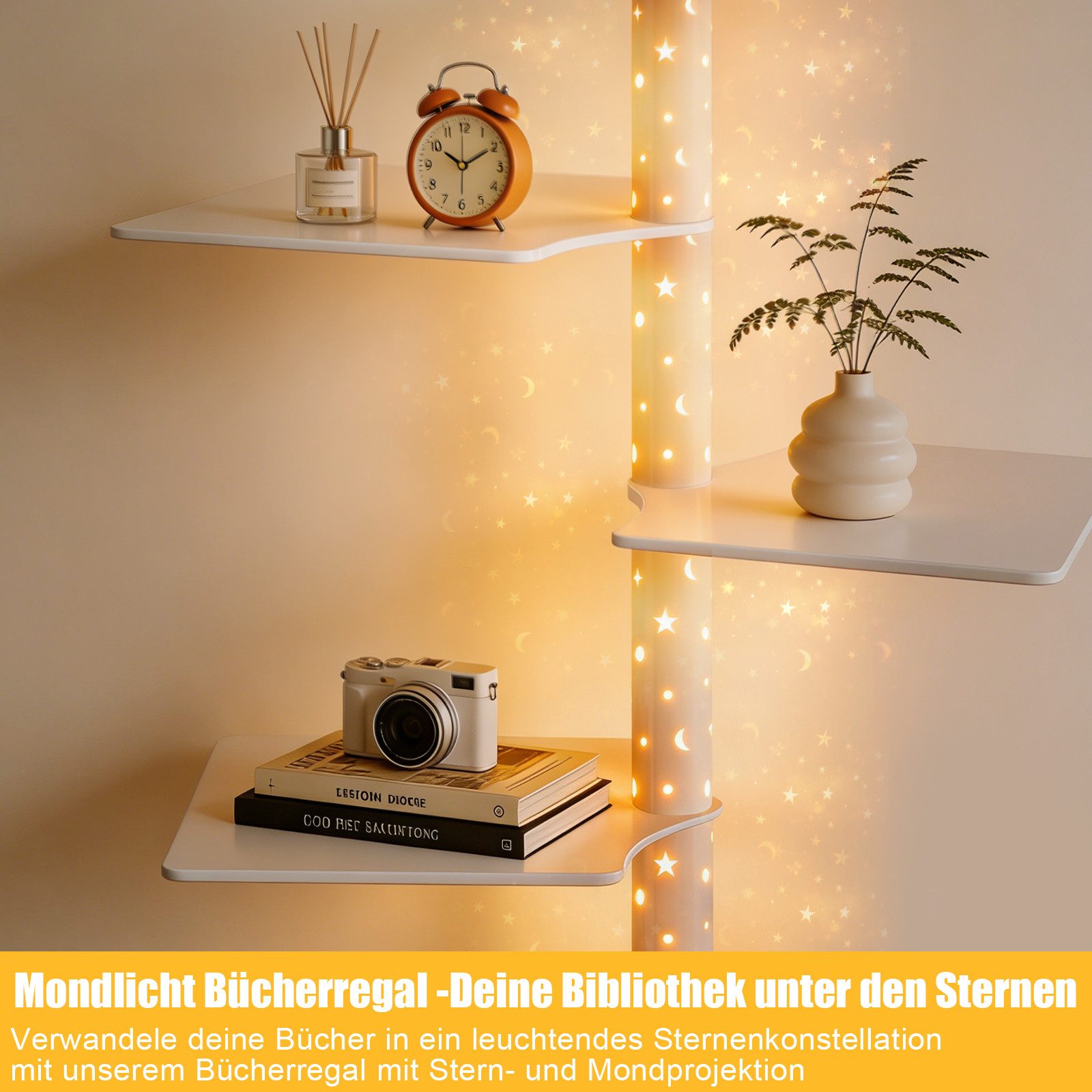 XIIW Bücherregal 1.8M LED STERNENLICHT Standregal CD DVD Kind Drehbar Regal Bücherturm, 9 Ablagen Vertikaler Bücherregal für Kinderzimmer, Wohnzimmer Schlafzimmer Freistehend Modern Design