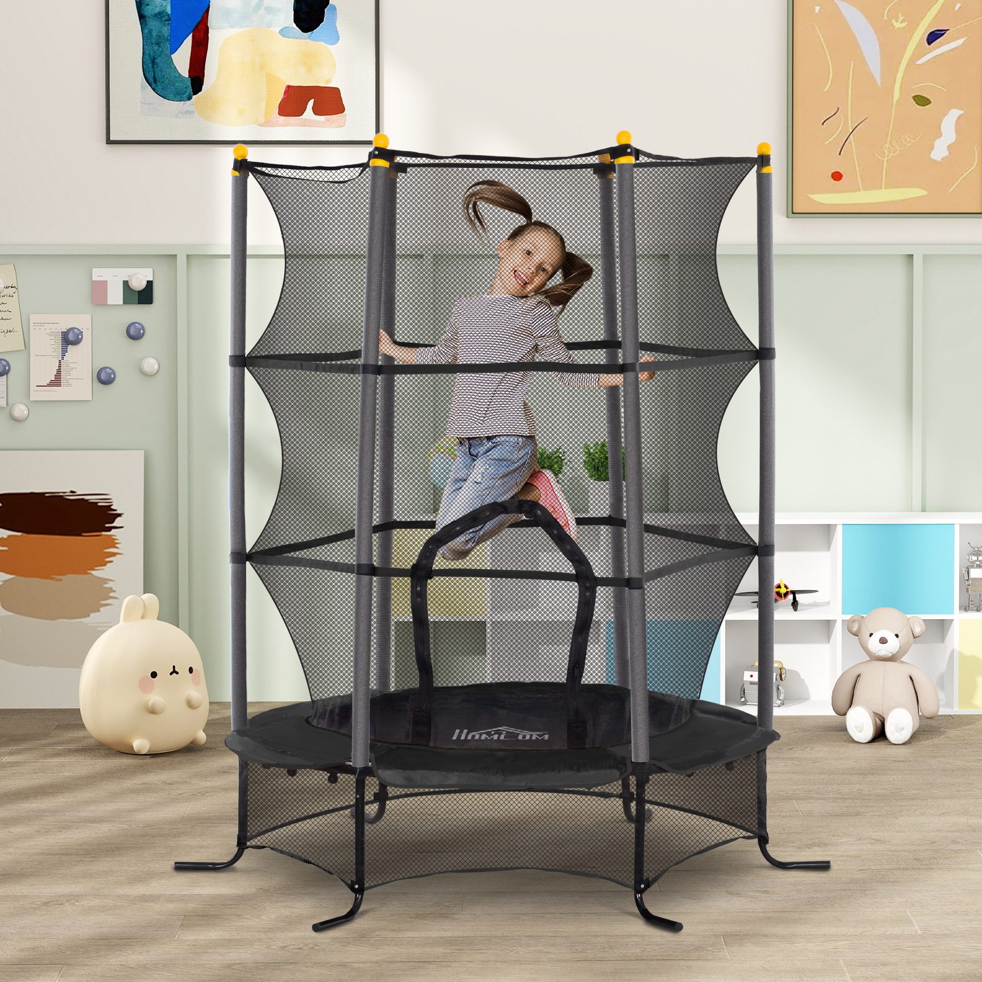 HOMCOM Kindertrampolin Trampolin mit Sicherheitsnetz, Randabdeckung, Gartentrampolin, Ø 163 cm, (Indoor Trampolin, 1 tlg., Trampolin), für Kinder 3-10 Jahre, bis 50 kg belastbar, Schwarz